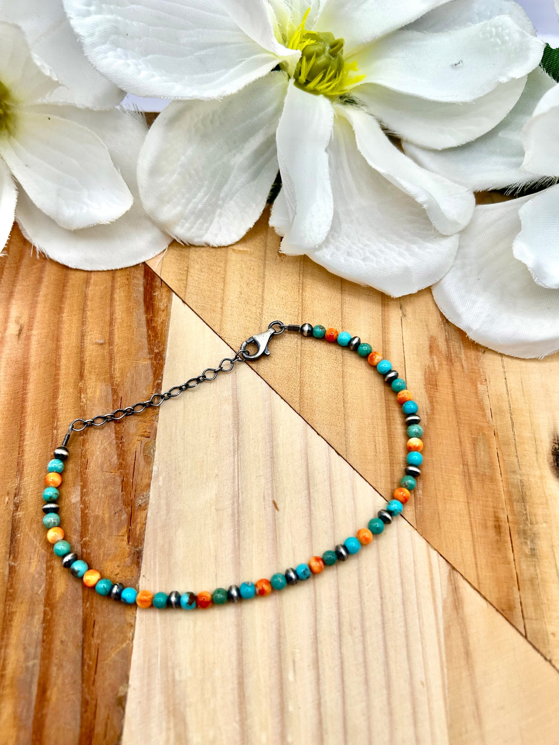 Navajo Made Multi Stone & Sterling Silver Strung Anklet