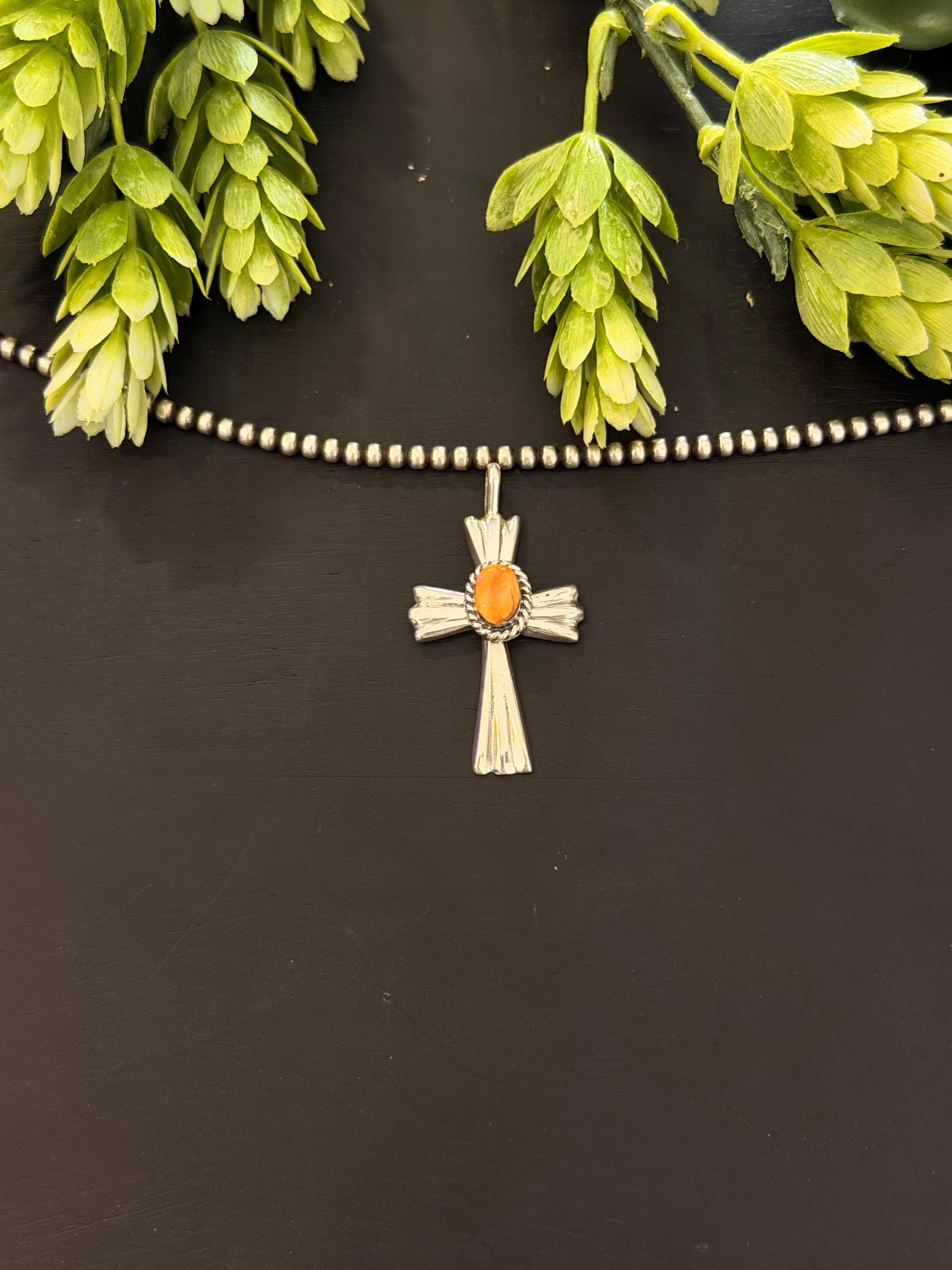 Navajo Made Spiny Oyster & Sterling Silver Cross Pendant