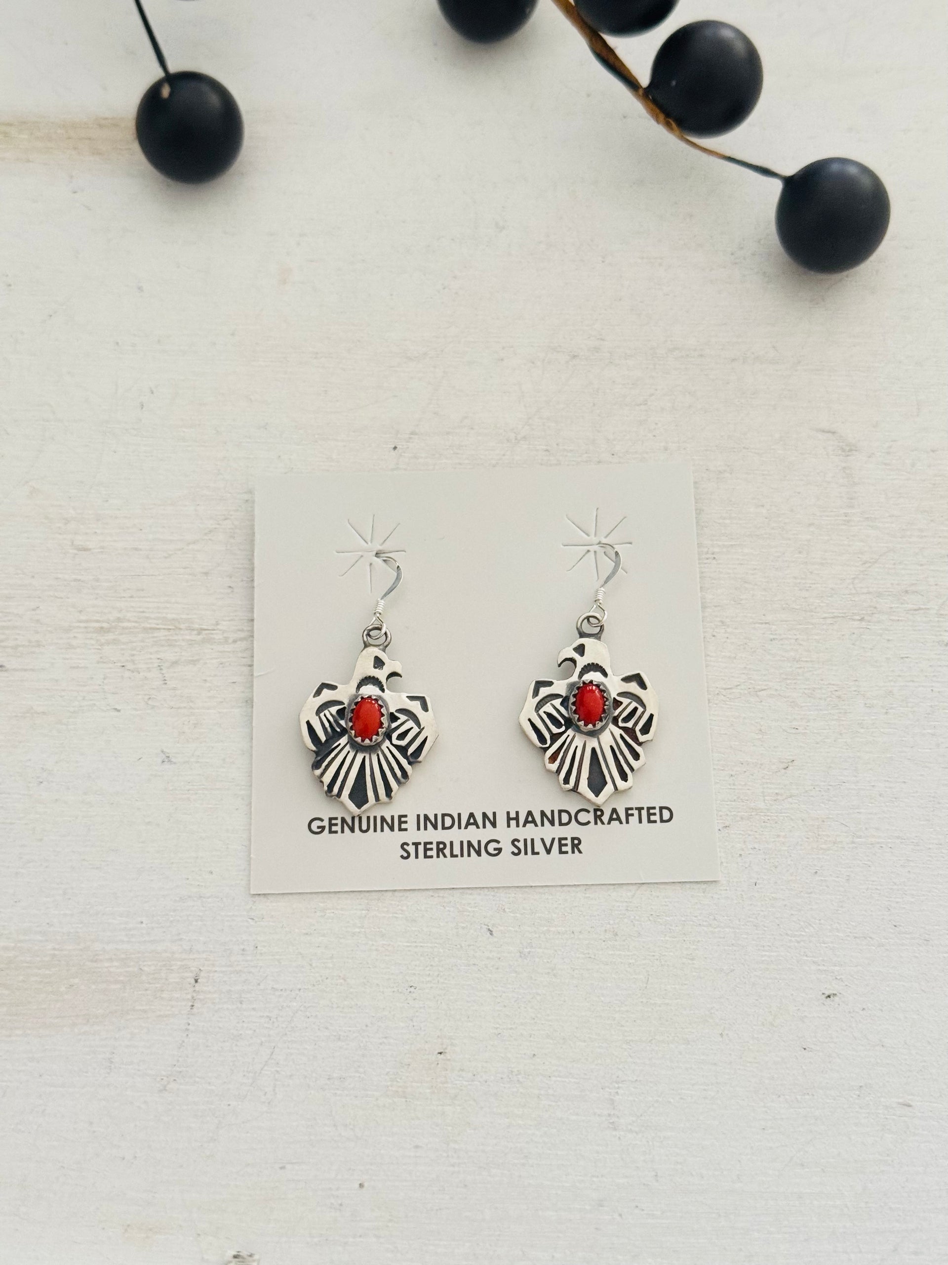 Genevieve Francisco Coral & Sterling Silver Dangle Thunderbird Earrings