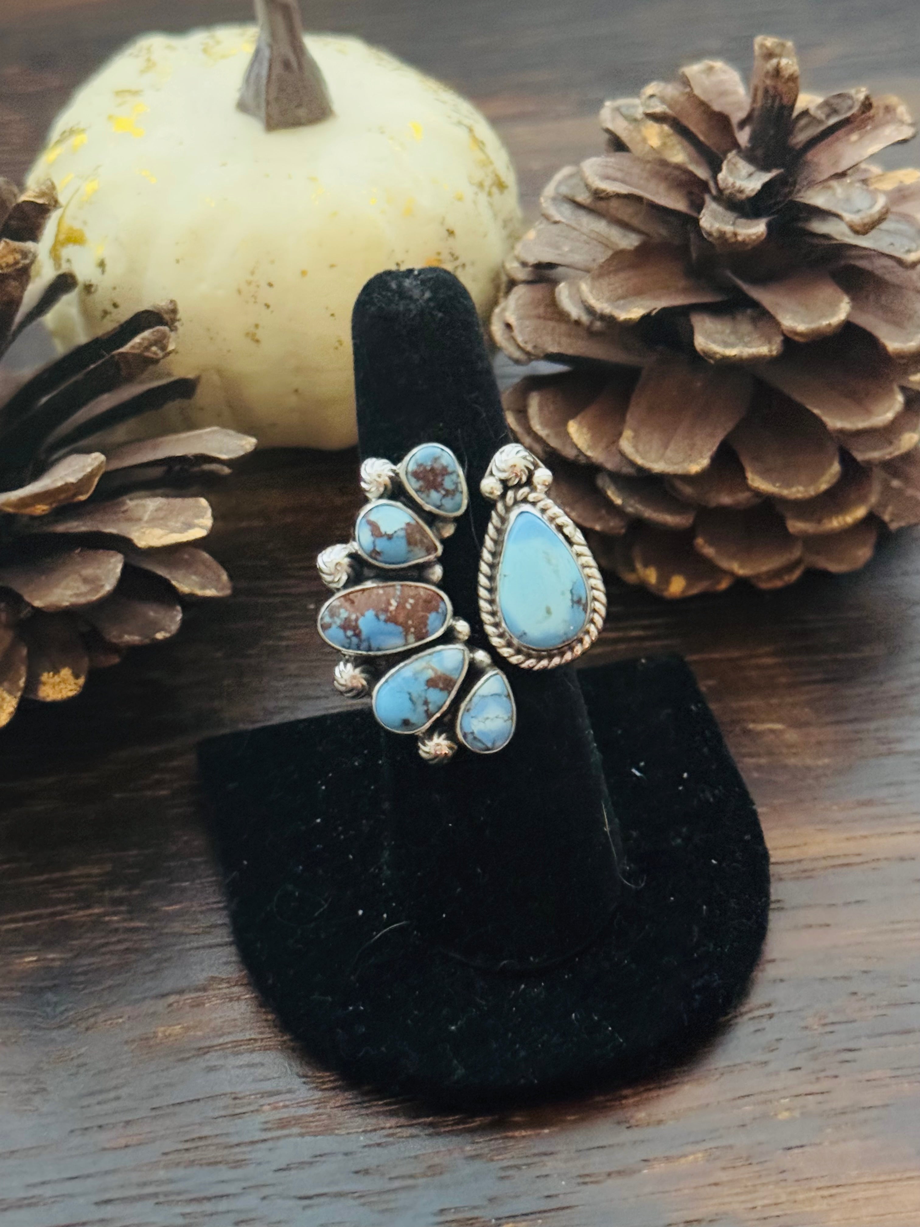 Southwest Handmade Golden Hills Turquoise & Sterling Silver Adjustable Cluster Ring