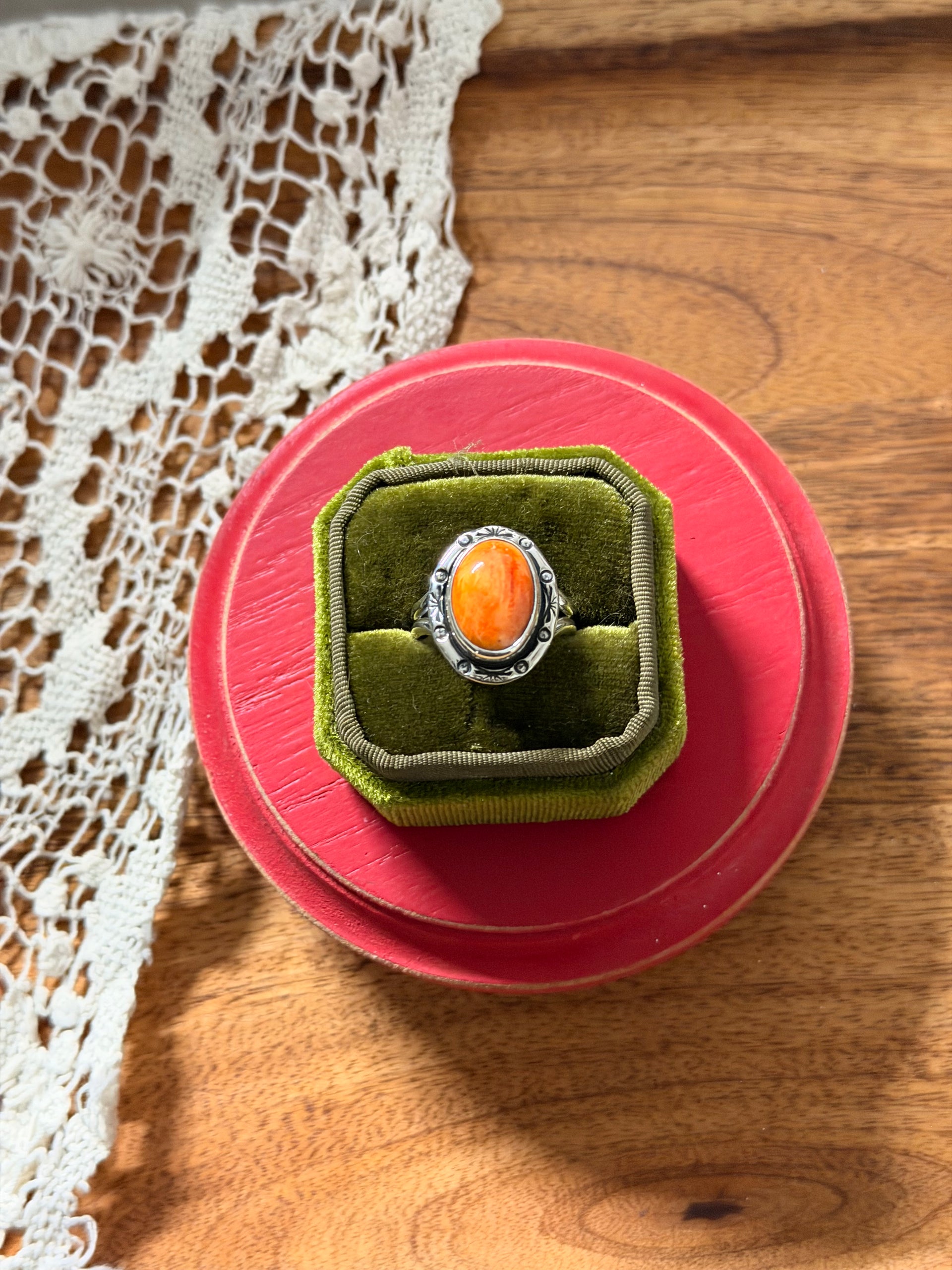 Navajo Made Spiny Oyster  & Sterling Silver Ring