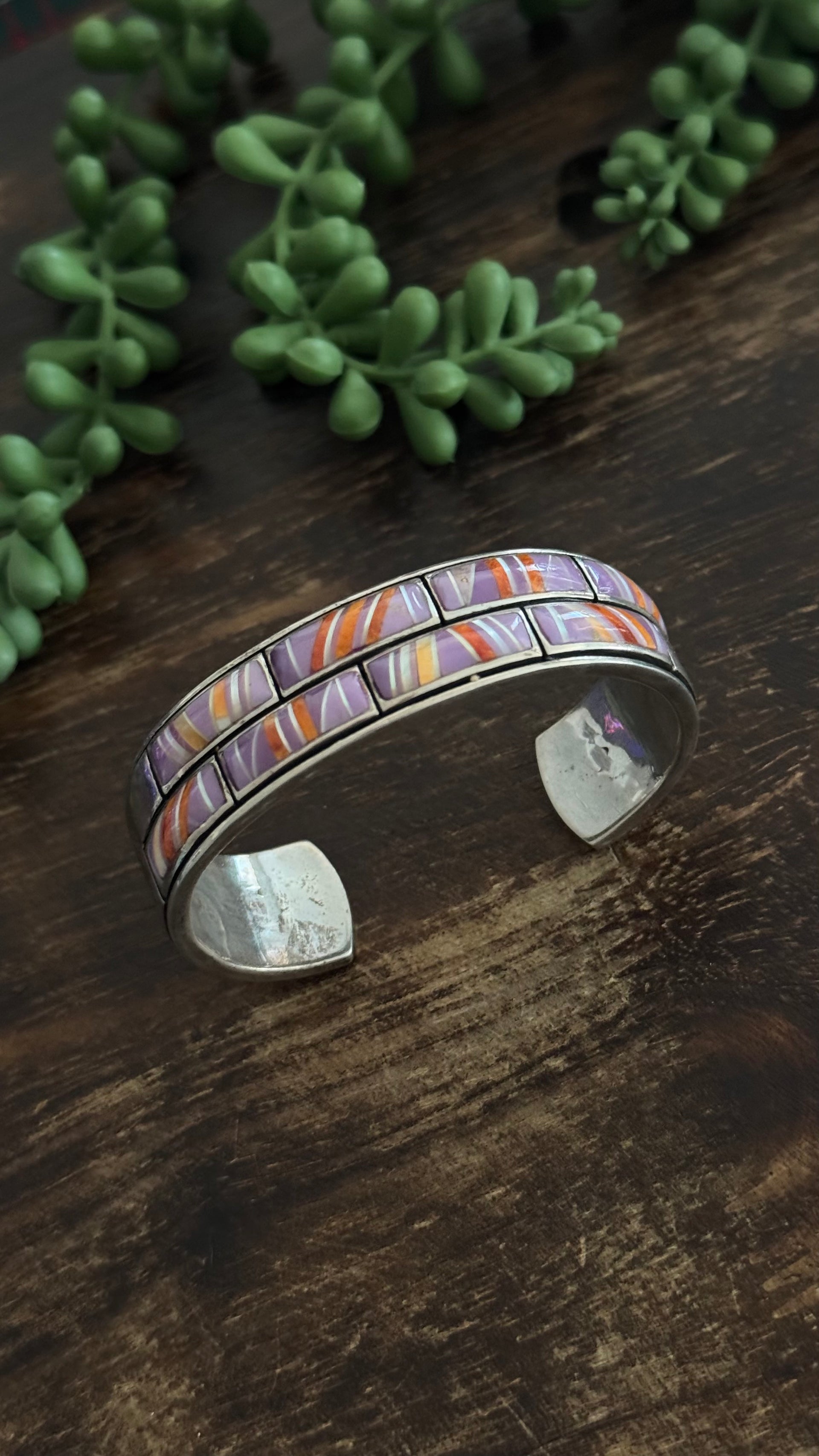 Vintage Navajo Multi Stone & Sterling Silver inlay Cuff Bracelet
