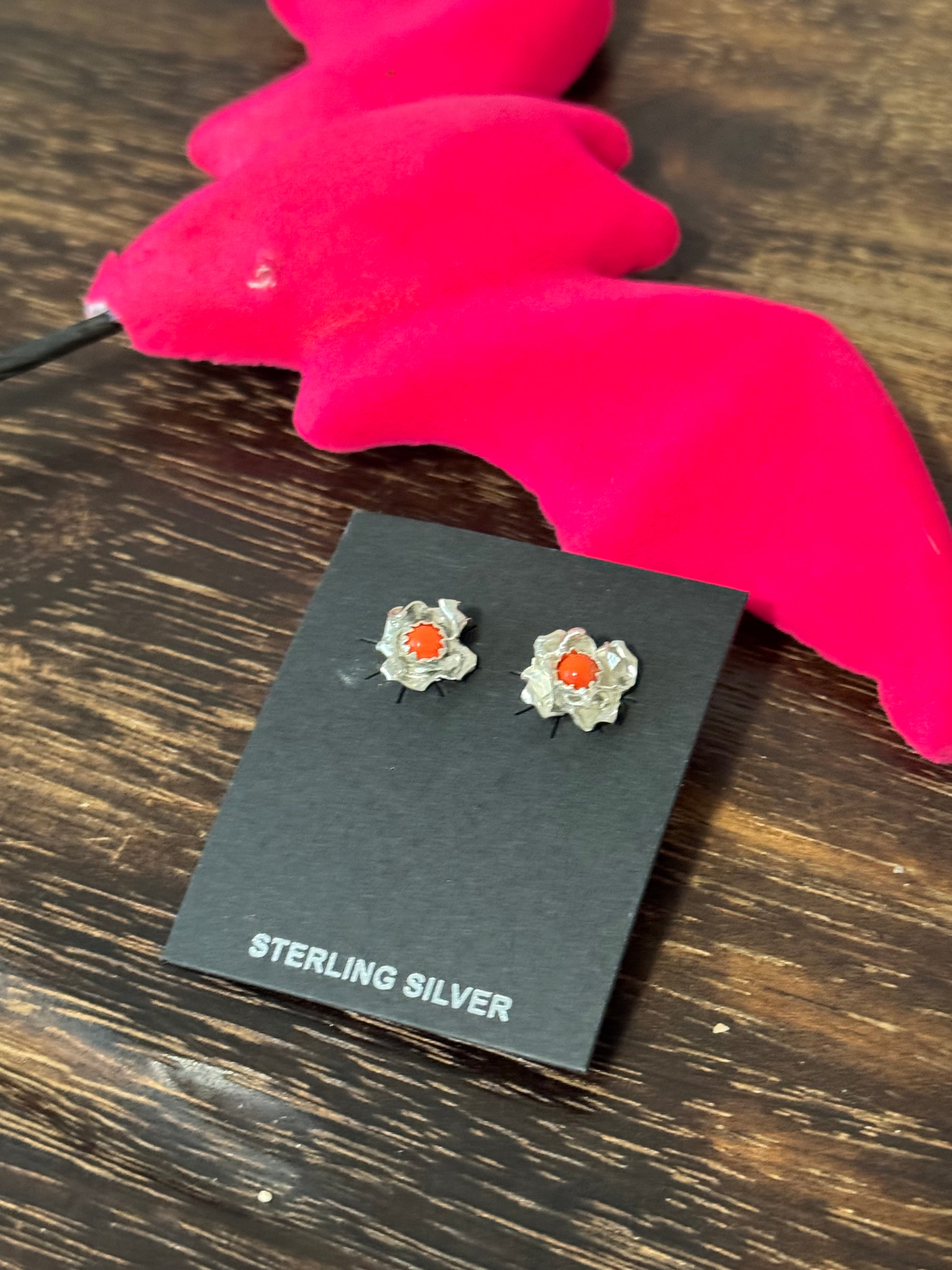 Navajo Made Mediterranean Coral & Sterling Silver Flower Post Earrings