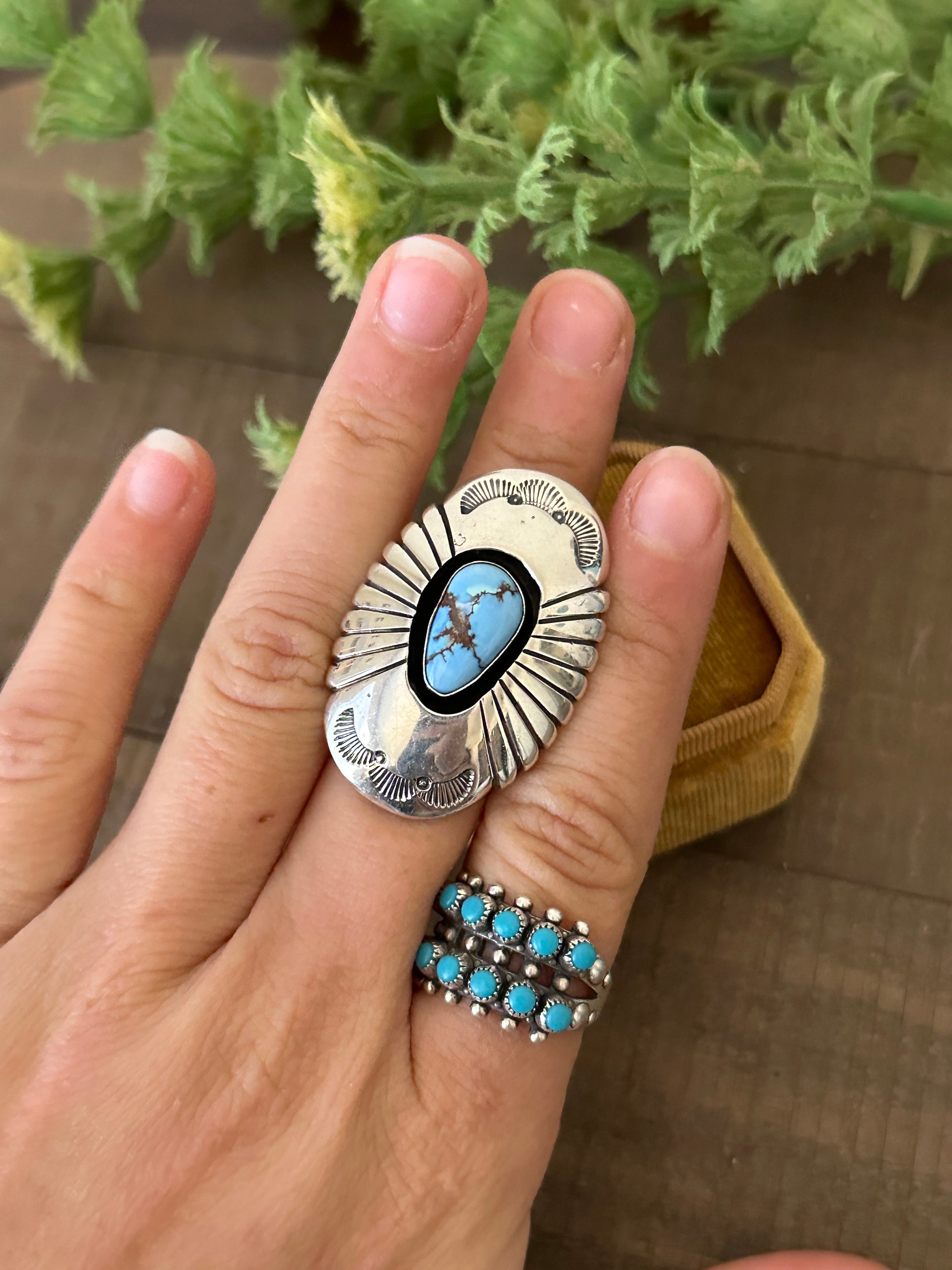 P Begay Golden Hills Turquoise & Sterling Silver Ring Size 6.5