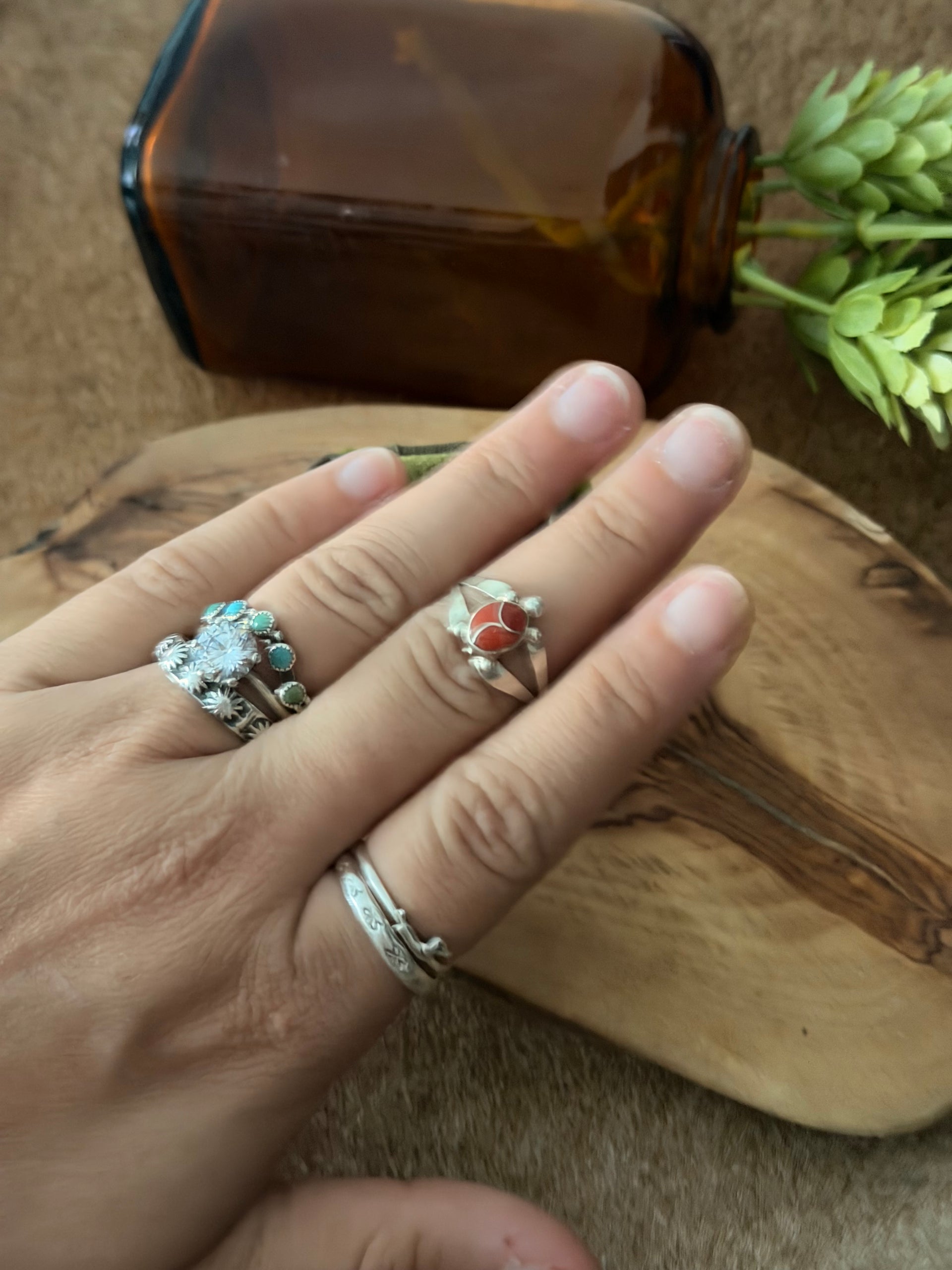 Zuni Made Coral & Sterling Silver Inlay Turtle Ring Size 7.25