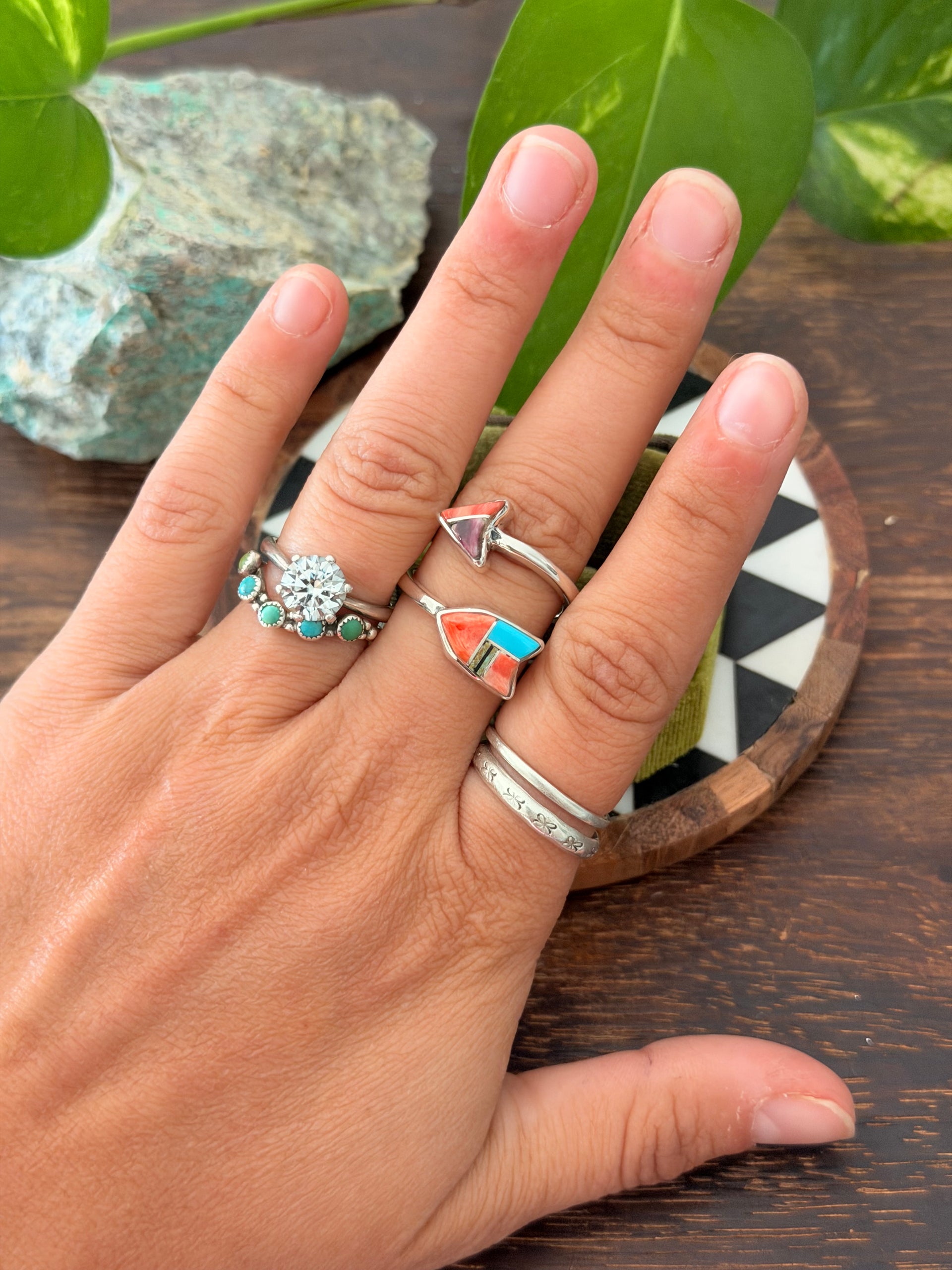Navajo Made Multi Stone & Sterling Silver Inlay Arrow Adjustable Ring