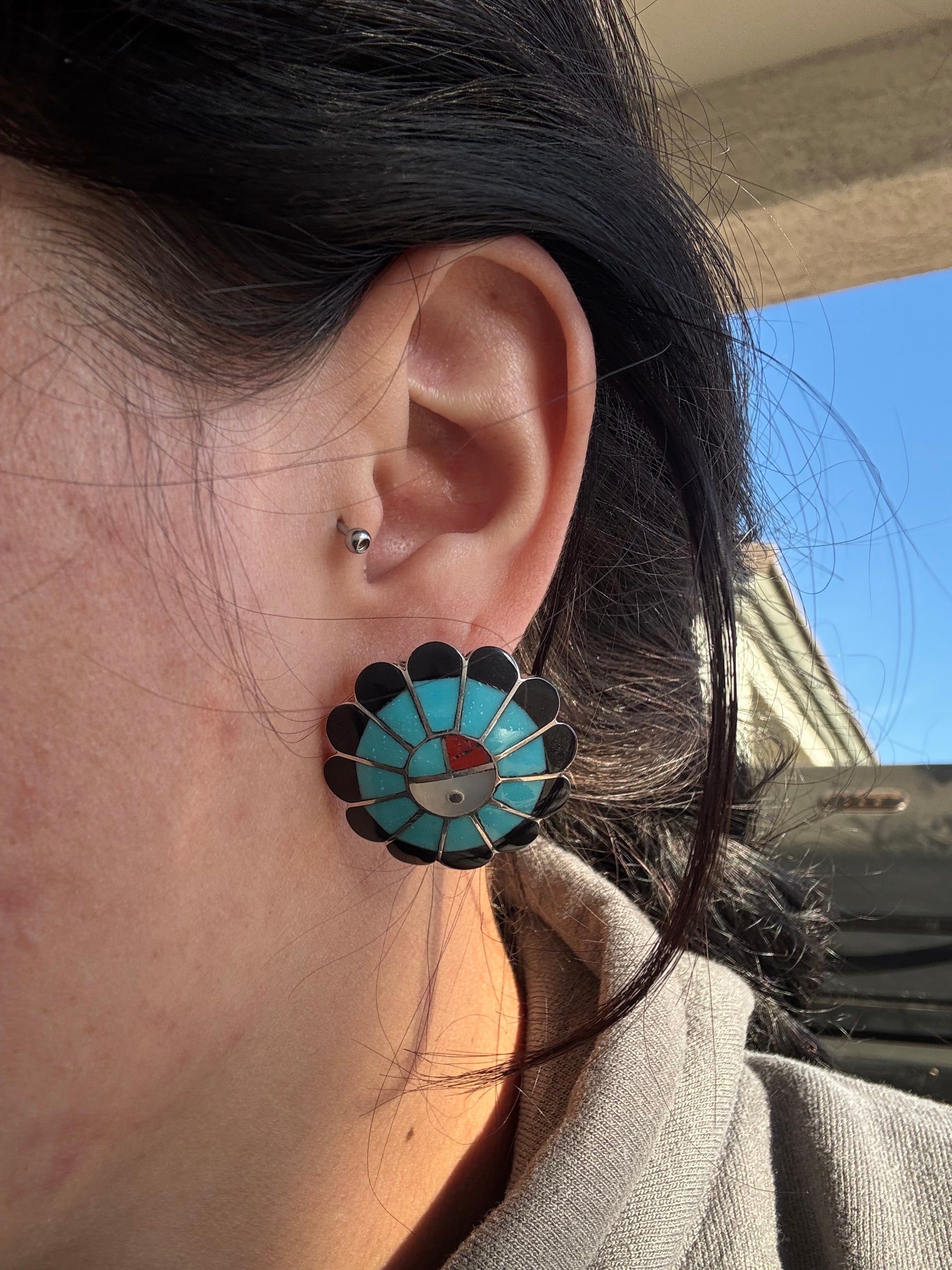Zuni Made Multi Stone & Sterling Silver Inlay Sunface Post Earrings
