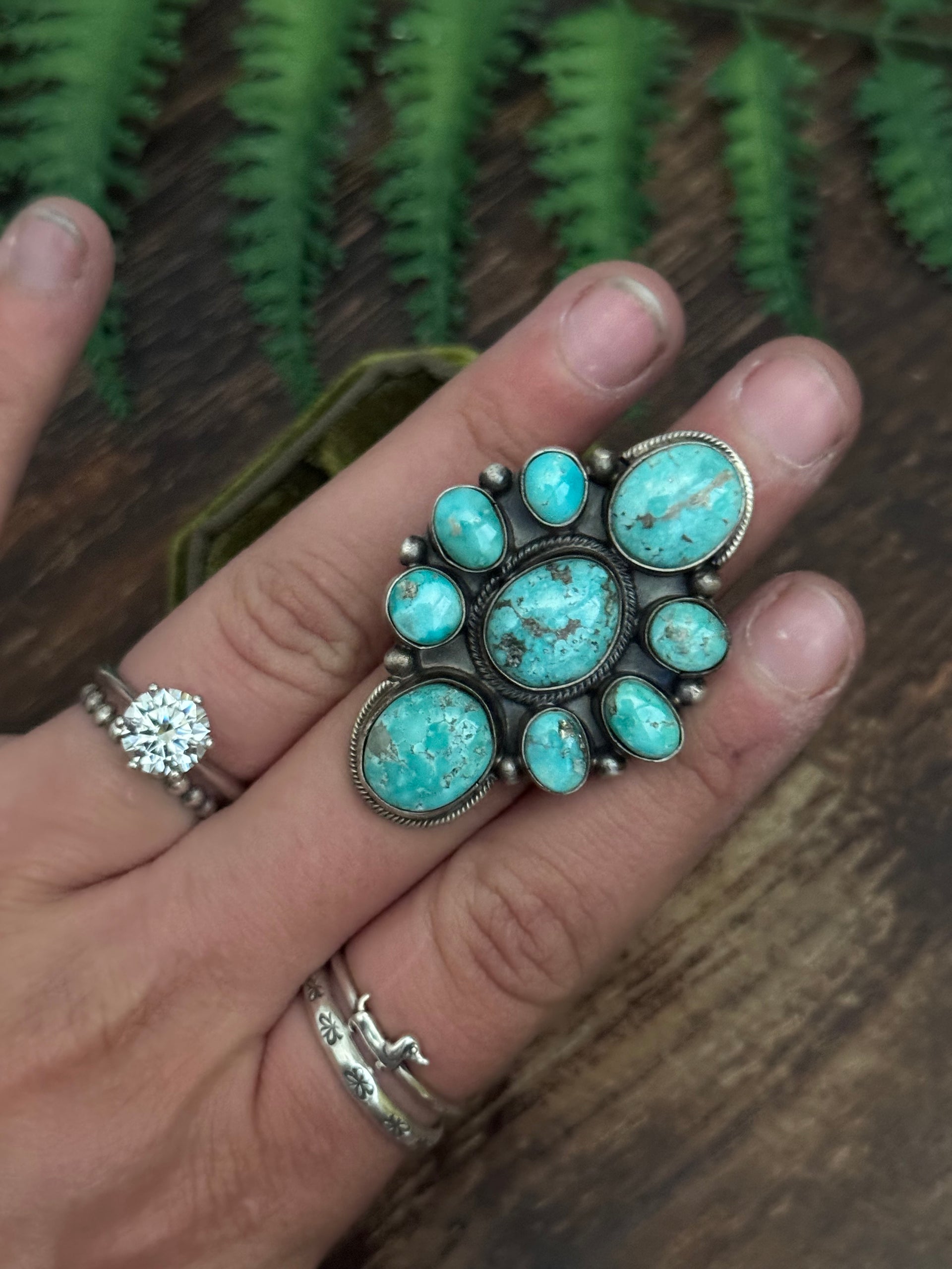 Sheila Becenti White Water Turquoise & Sterling Silver Cluster Ring Size 8.5