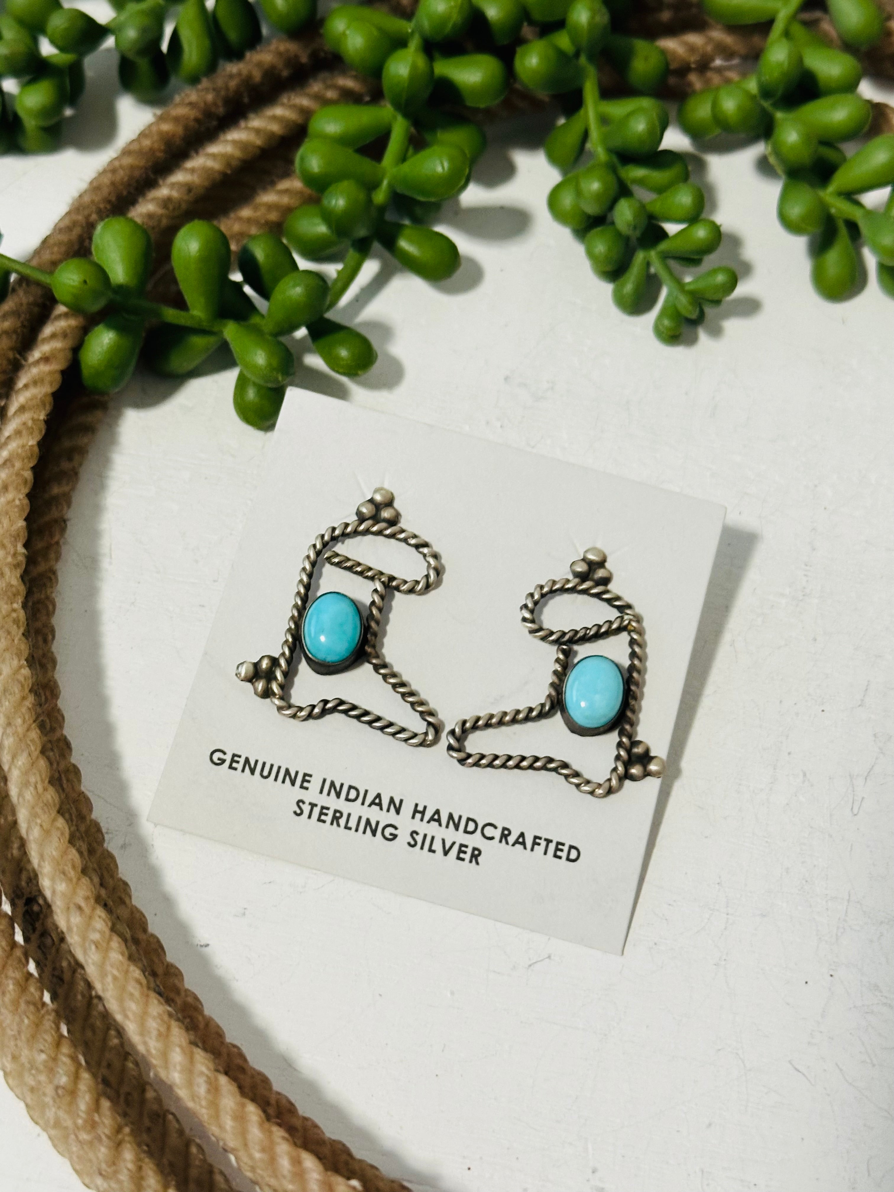 Navajo Made Kingman Turquoise & Sterling Silver Boot Earrings