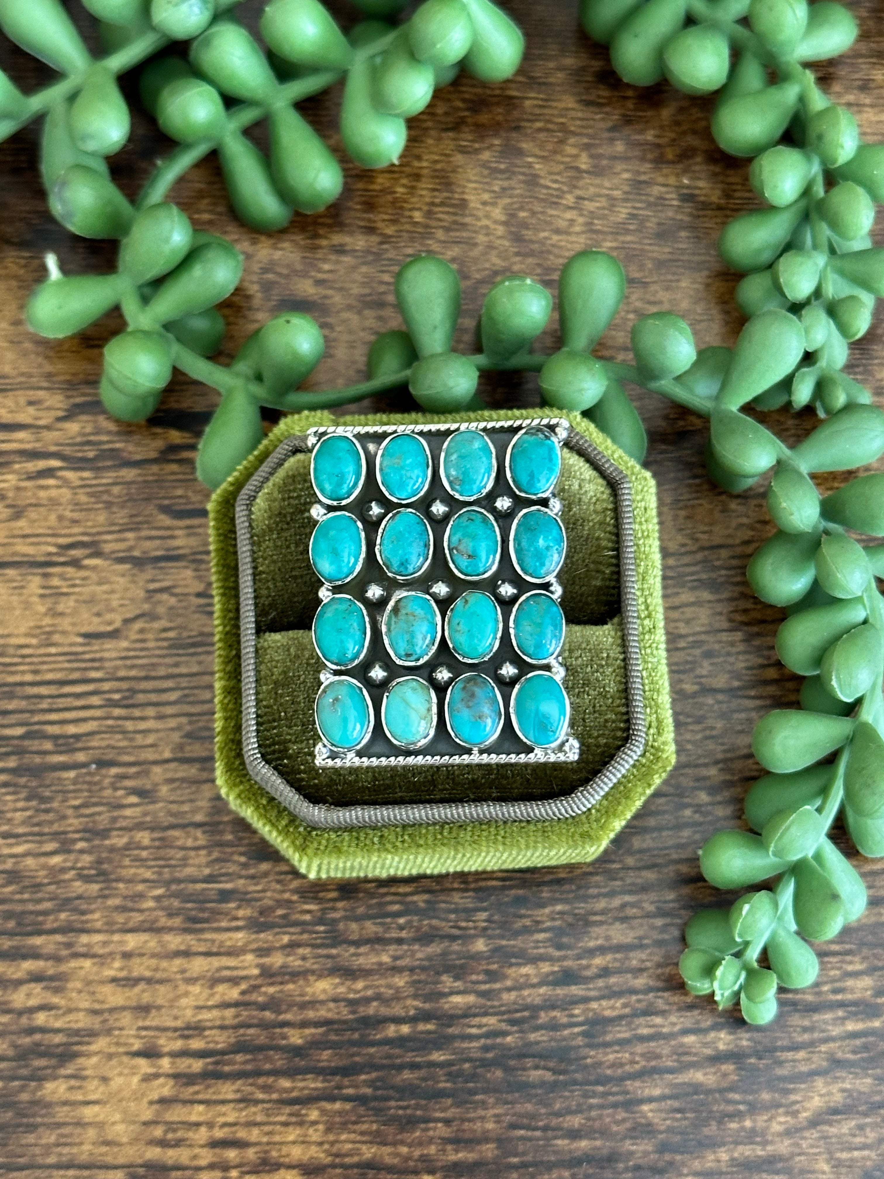 Southwest Handmade Kingman Turquoise & Sterling Silver Adjustable Cluster Ring