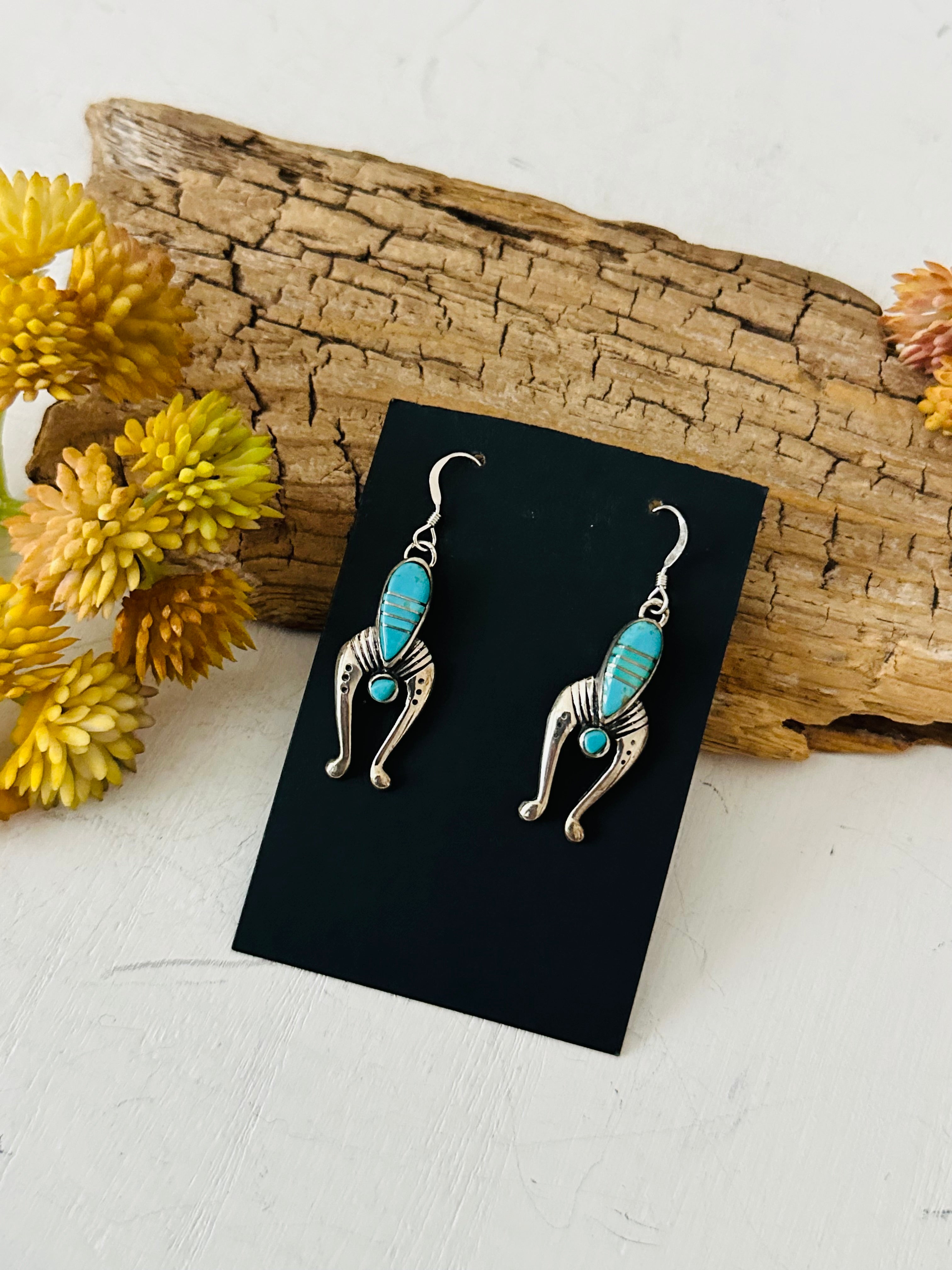 Navajo Made Turquoise & Sterling Silver Inlay Dangle Earrings