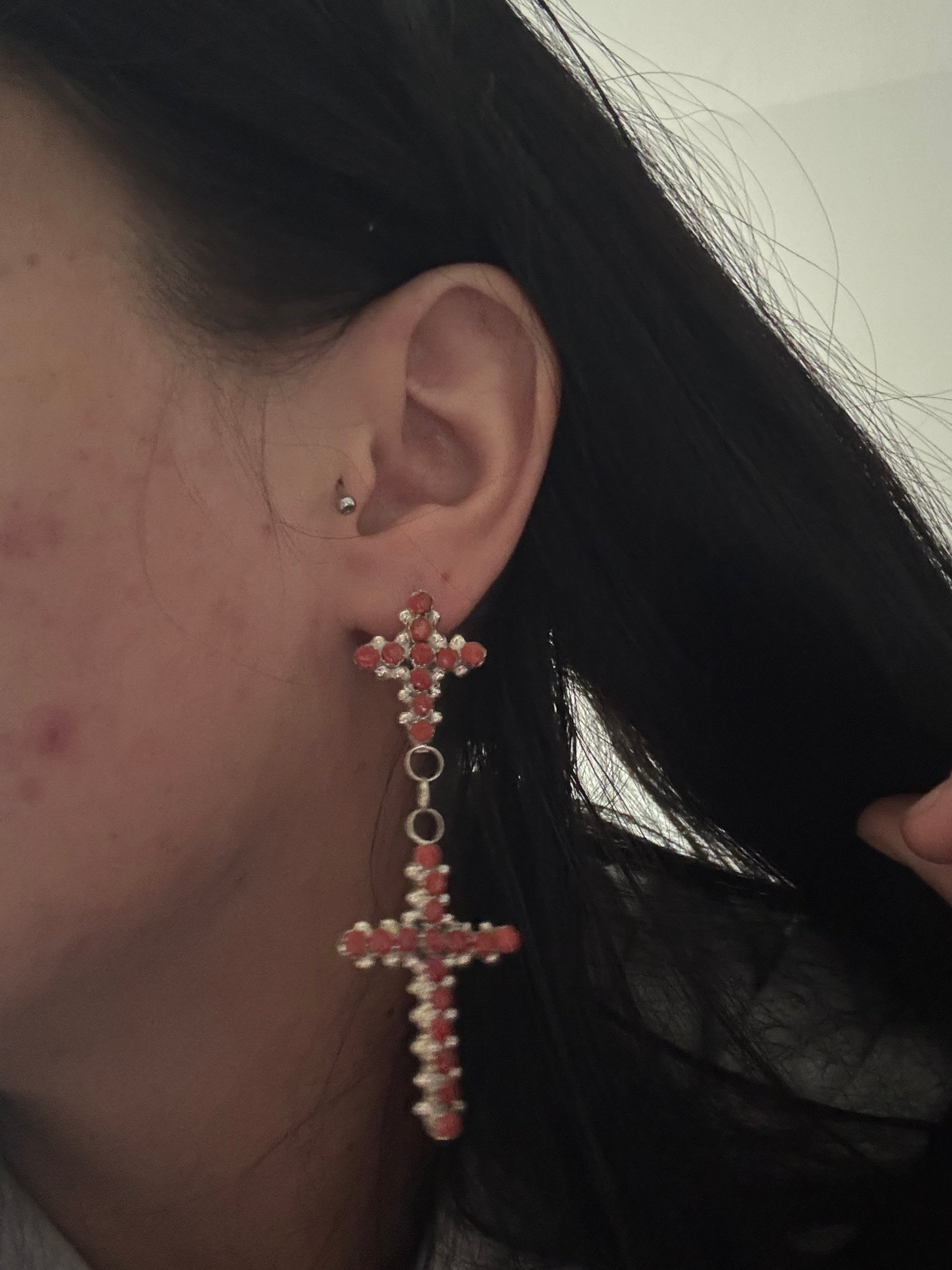 Zuni Made Red Coral & Sterling Silver Post Dangle Cluster Cross Earrings