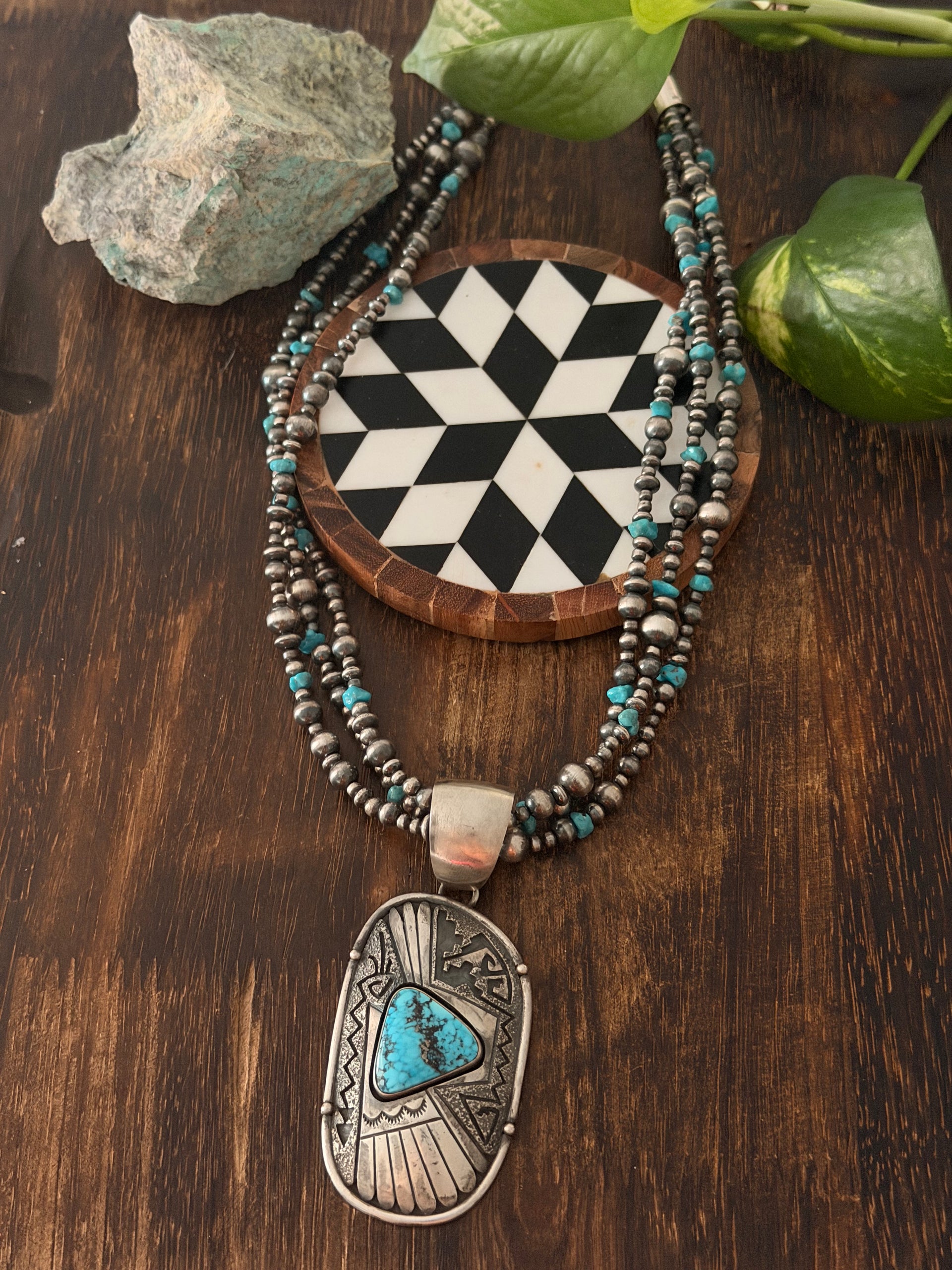 Mathilda Bennally Kingman Turquoise & Sterling Silver Pearl Pendant/Necklace
