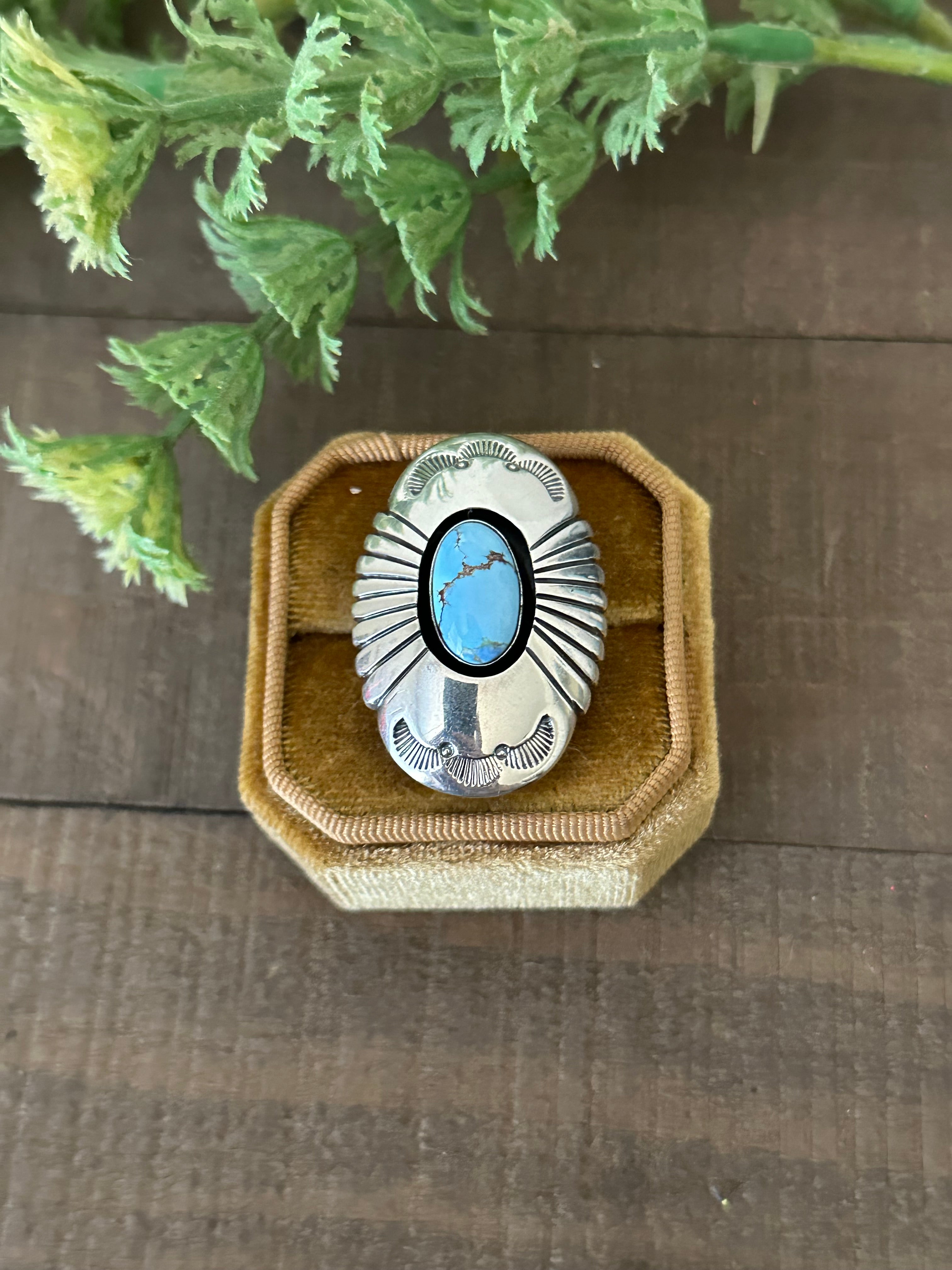 P Begay Golden Hills Turquoise & Sterling Silver Ring Size 8.75