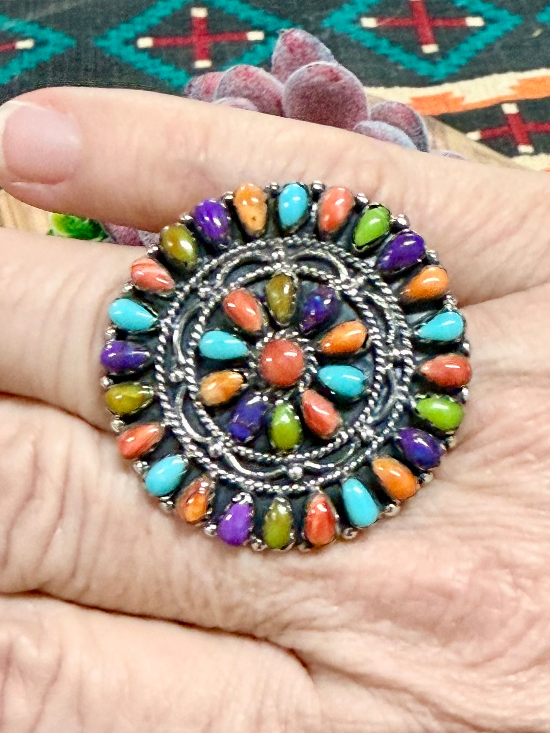 Southwest Handmade Multi Stone & Sterling Silver Ring Size 8.75