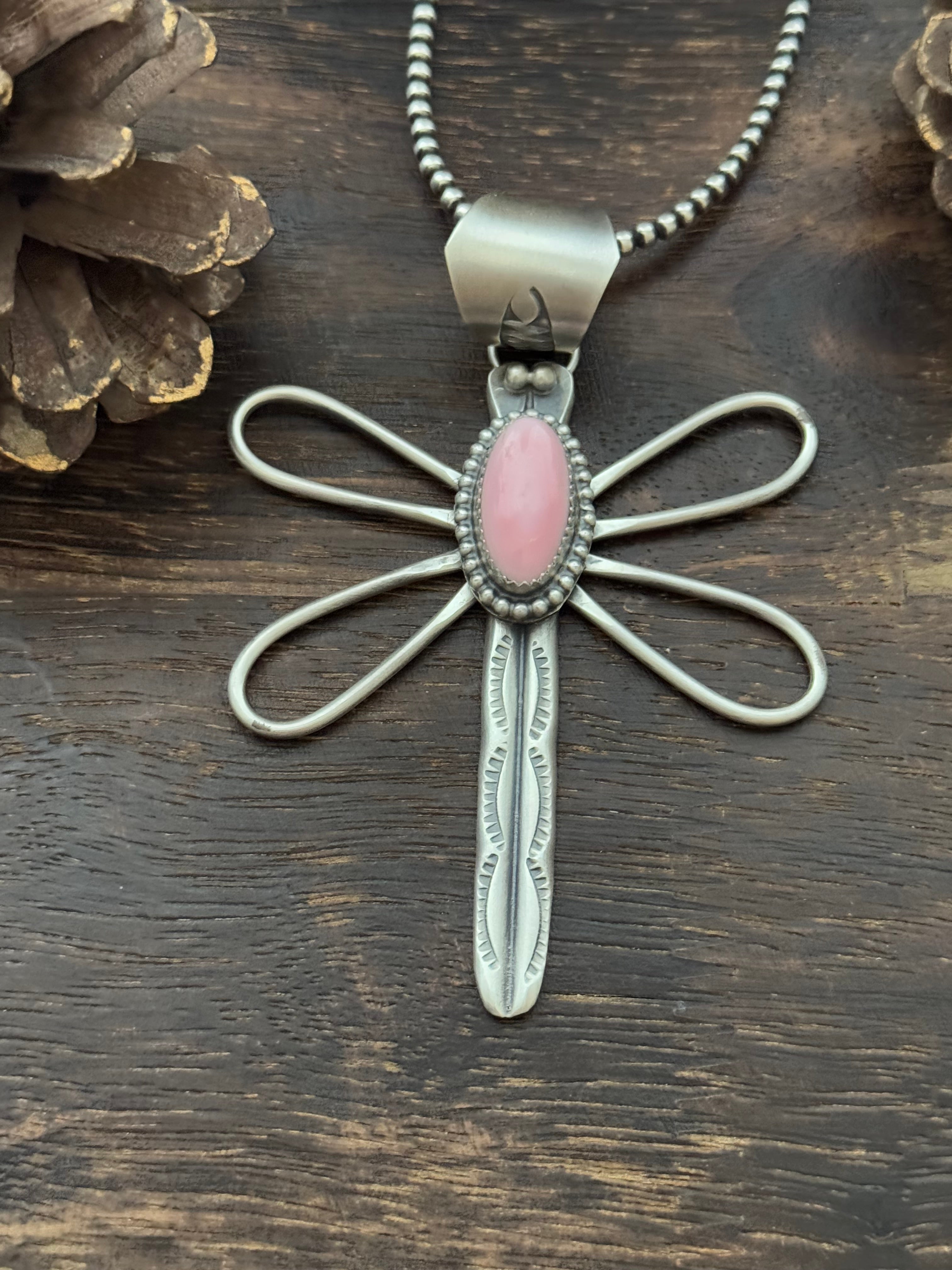 Delbert Secatero Pink Conch & Sterling Silver Dragonfly Pendant