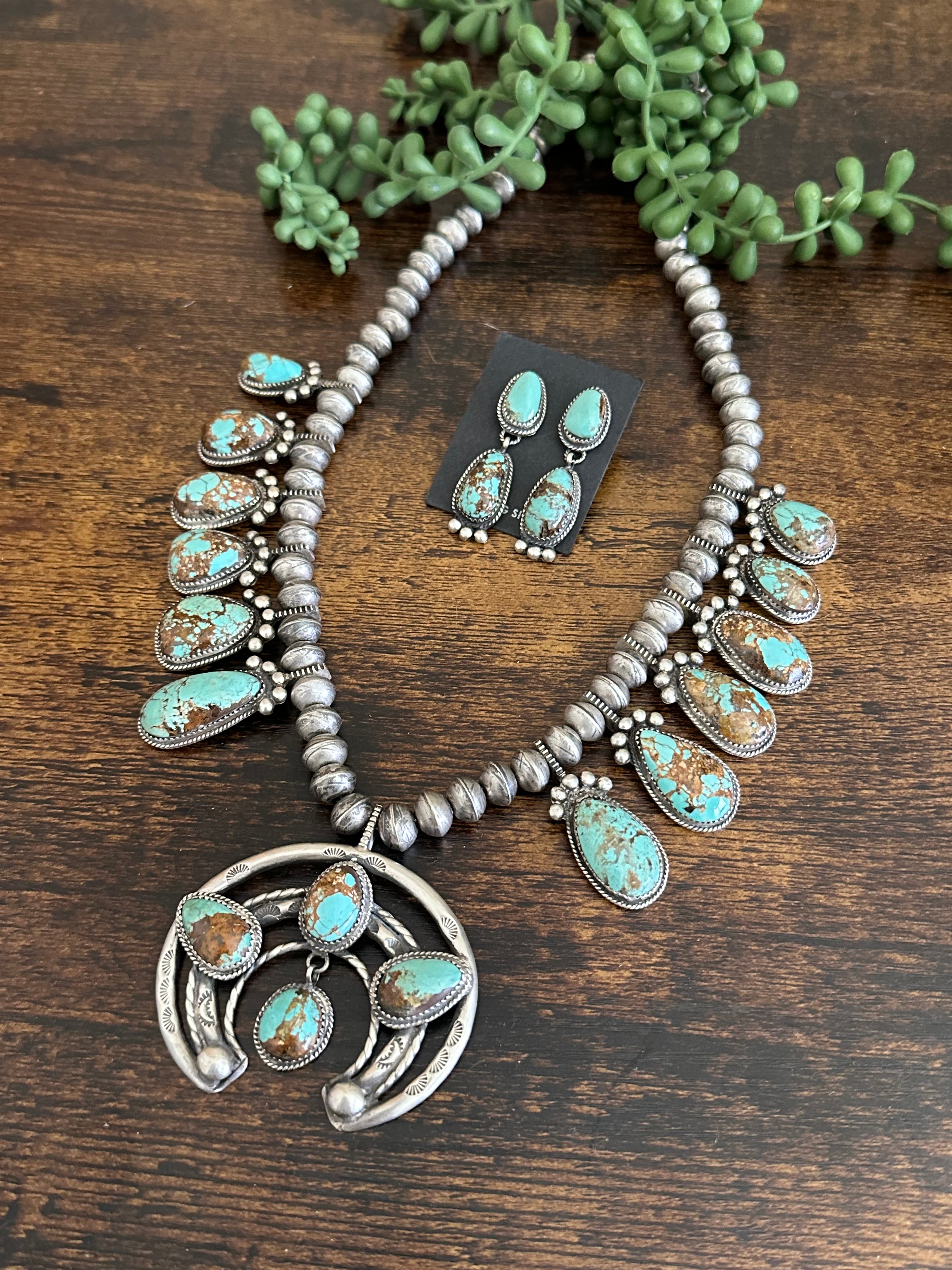 Navajo Made Ribbon Turquoise & Sterling Silver Squash Naja Blossom Necklace Set