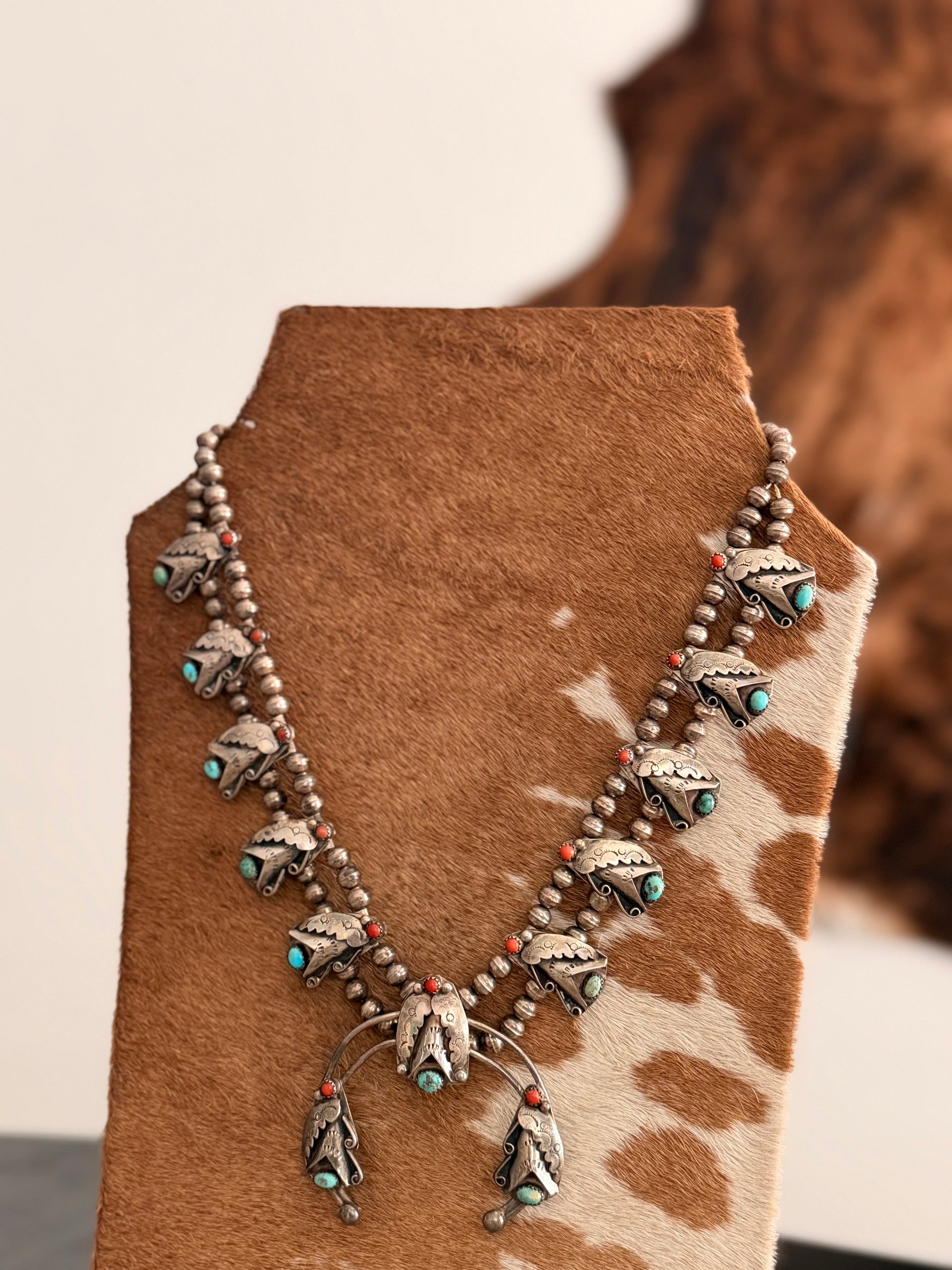 Vintage Navajo Made Multi Stone & Sterling Silver Squash Necklace