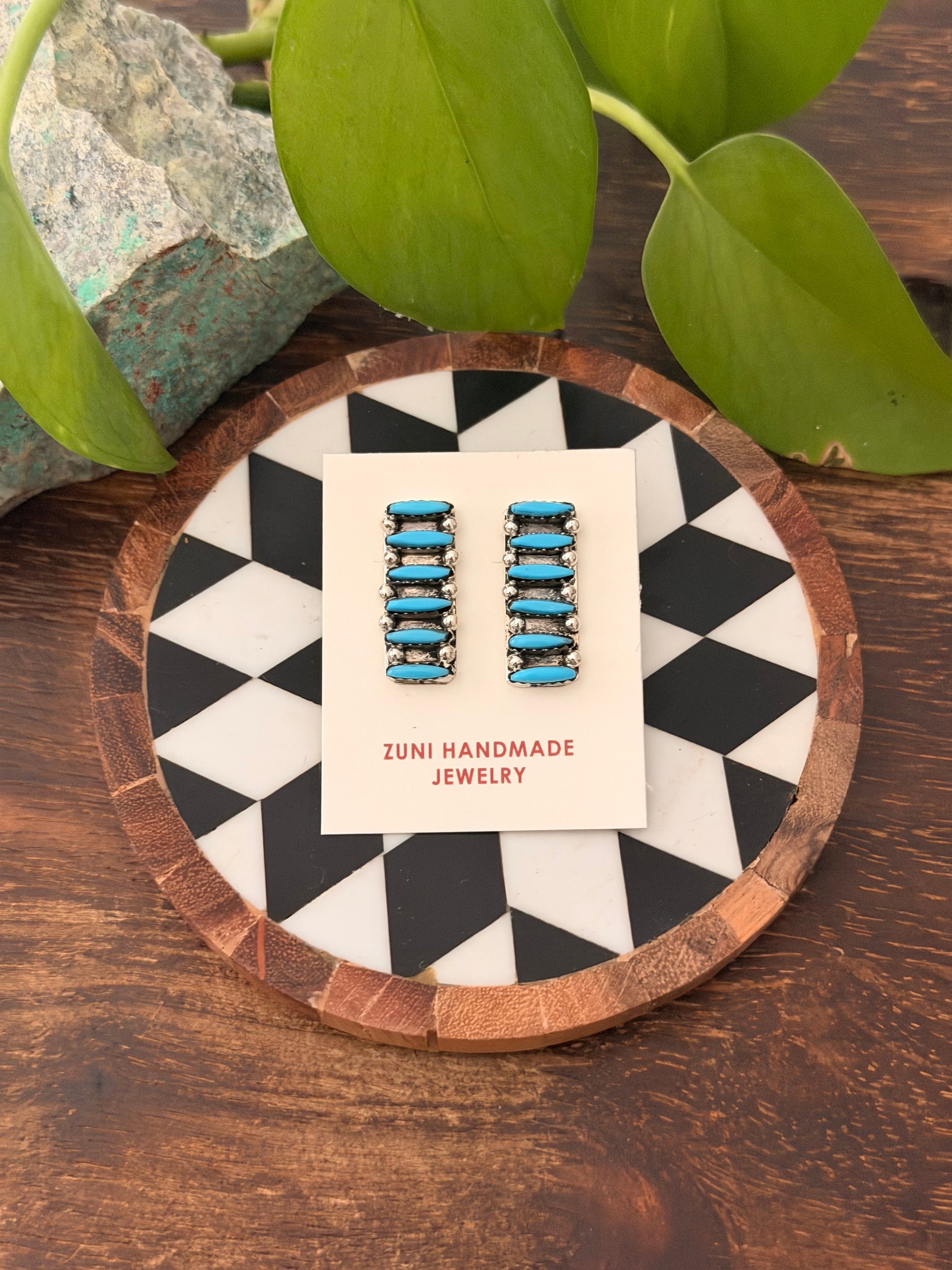 Zuni Made Turquoise Petite Point & Sterling Silver Post Dangle Earrings