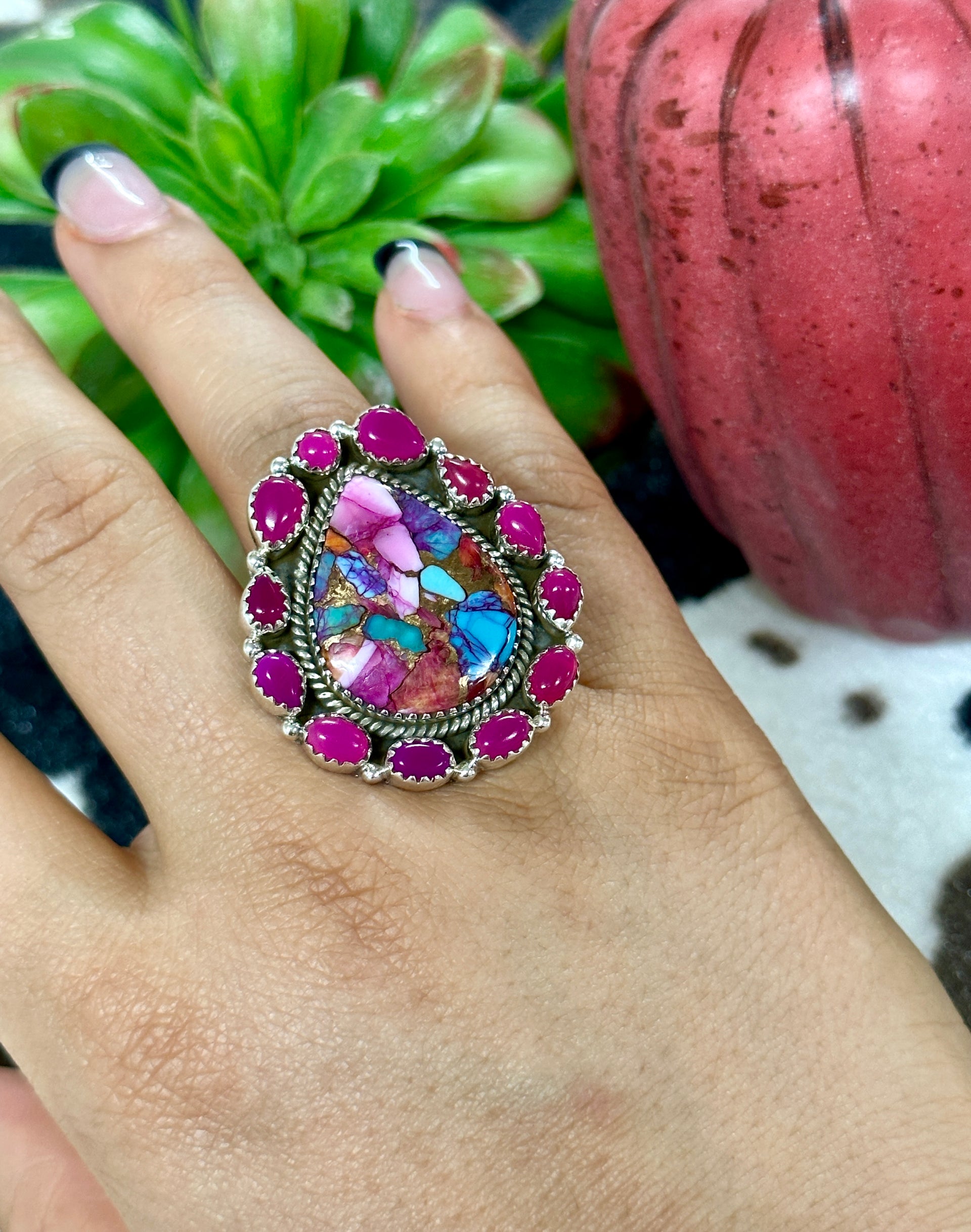 Southwest Handmade Multi Stone & Sterling Silver Cluster Adjustable Ring