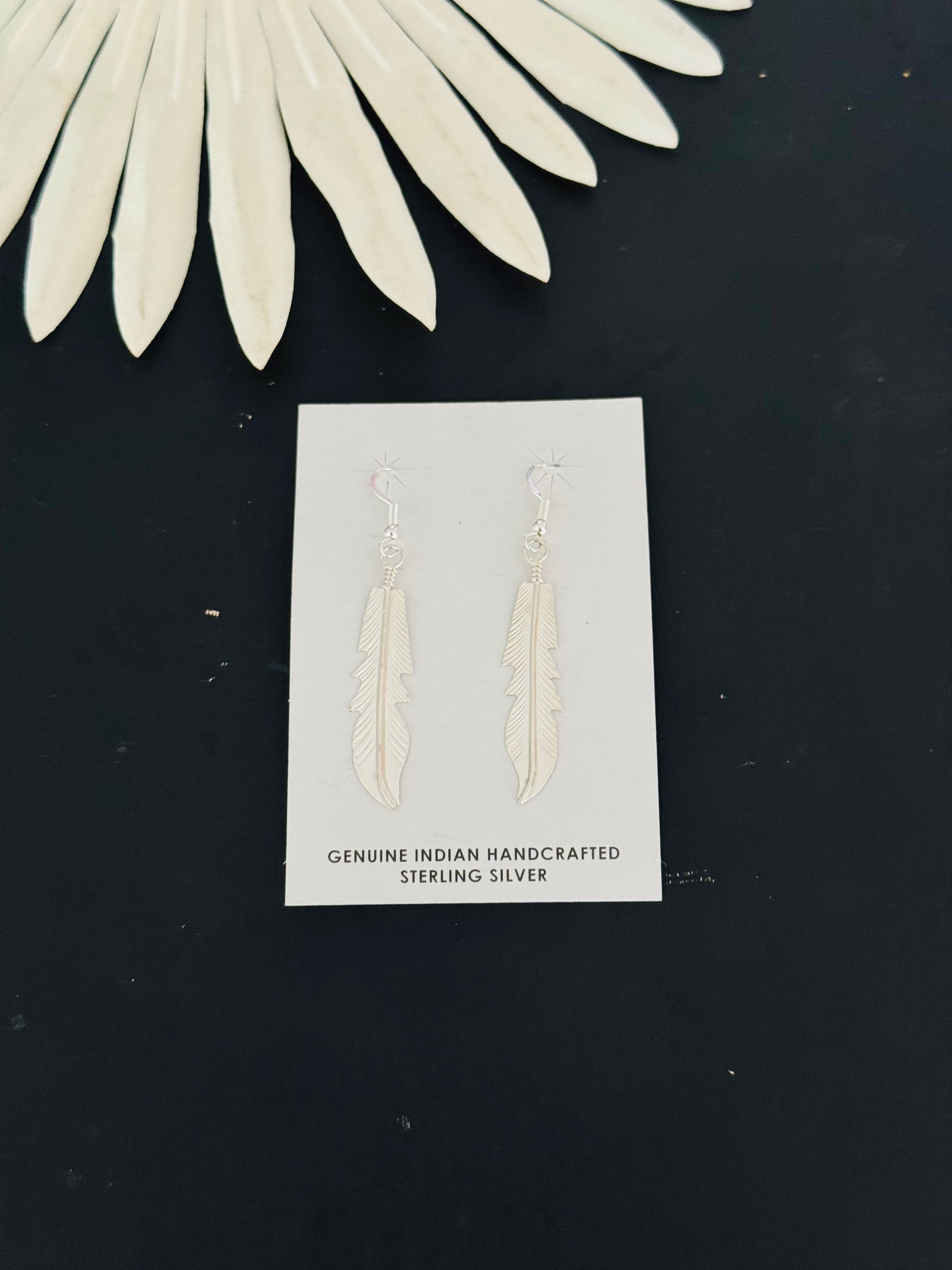 Navajo Made Sterling Silver Feather Dangle Earrings