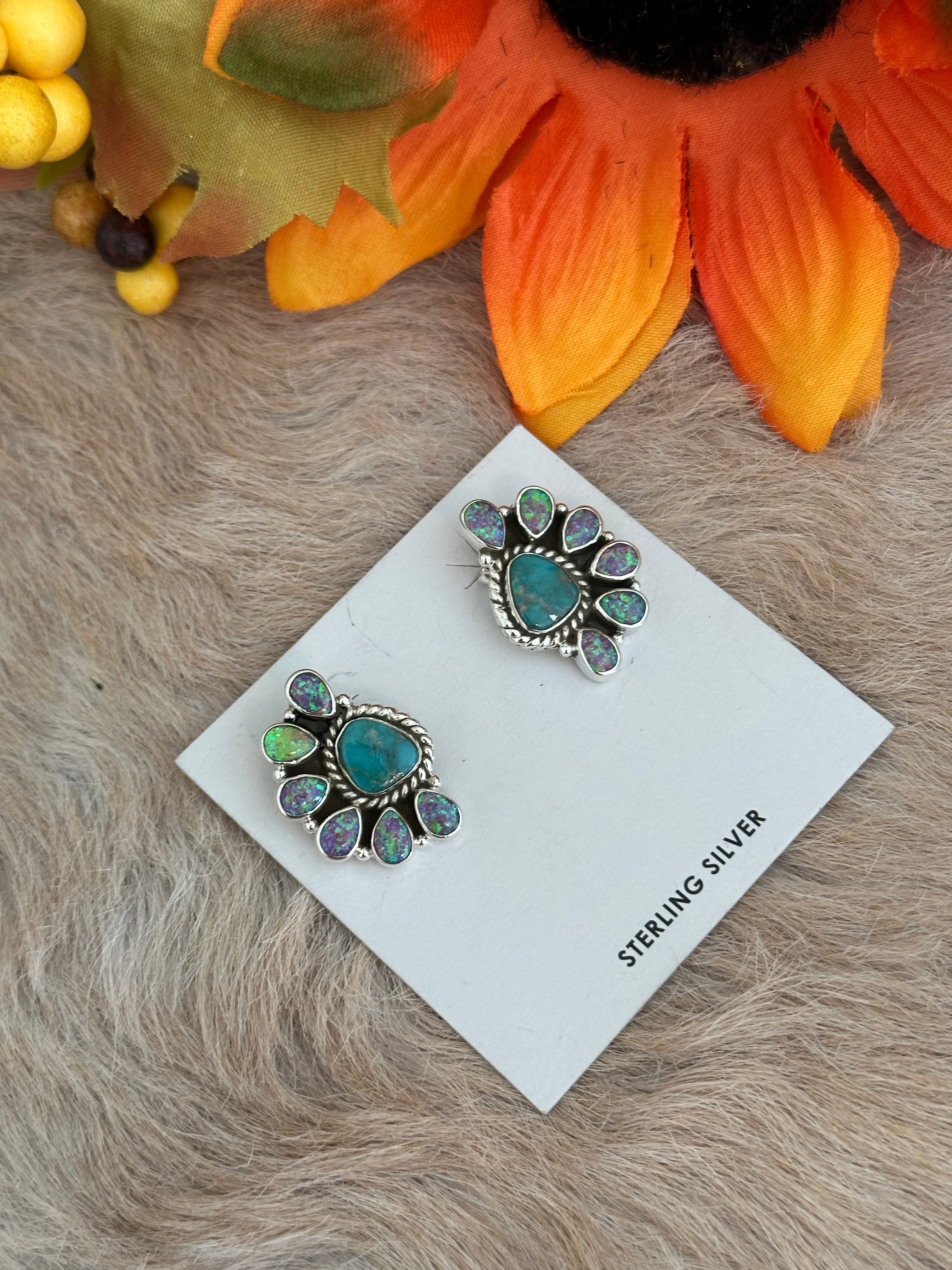 Southwest Handmade Multi Stone & Sterling Silver Post Earrings