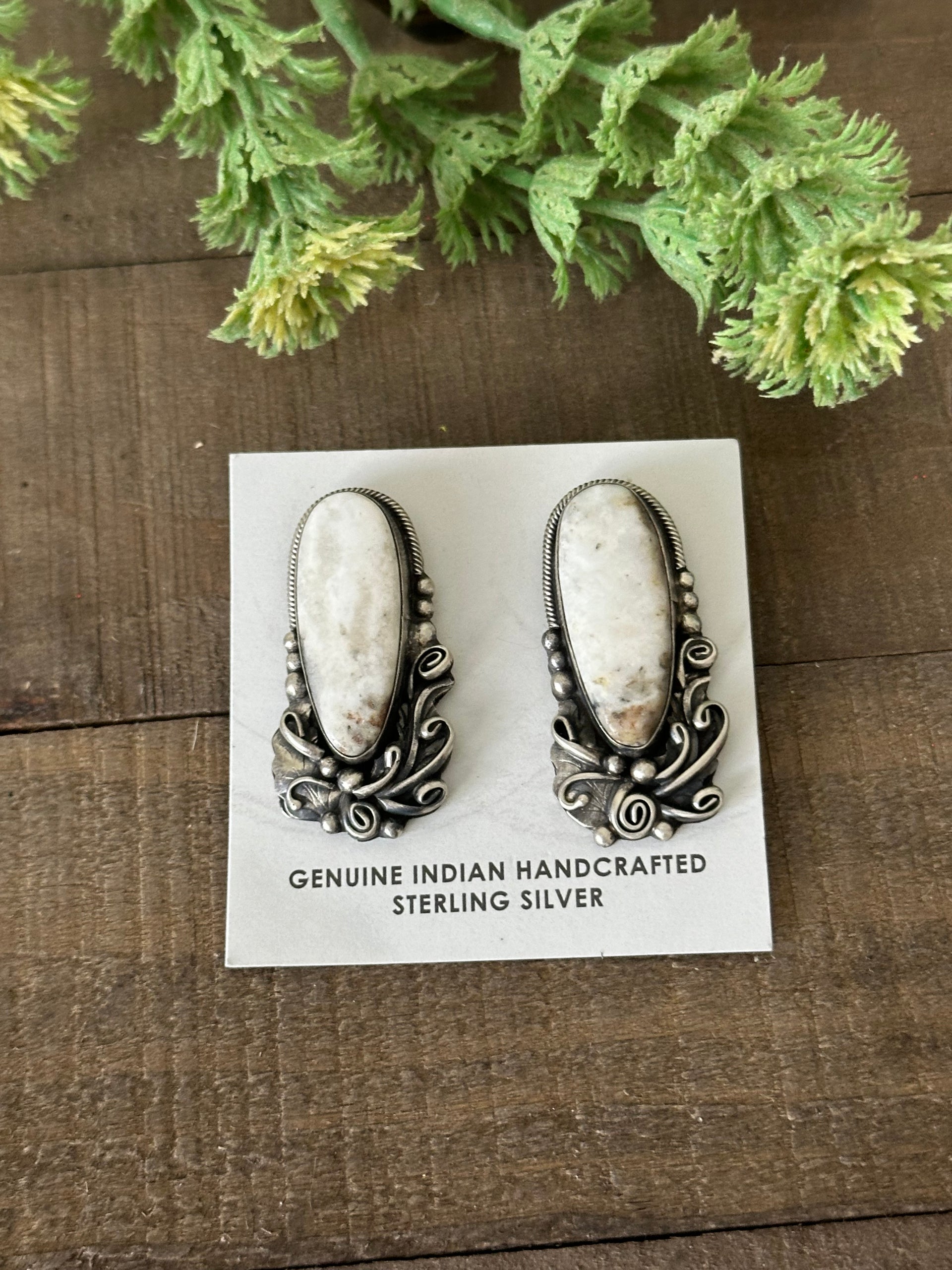 Navajo Made White Buffalo & Sterling Silver Post Dangle Earrings