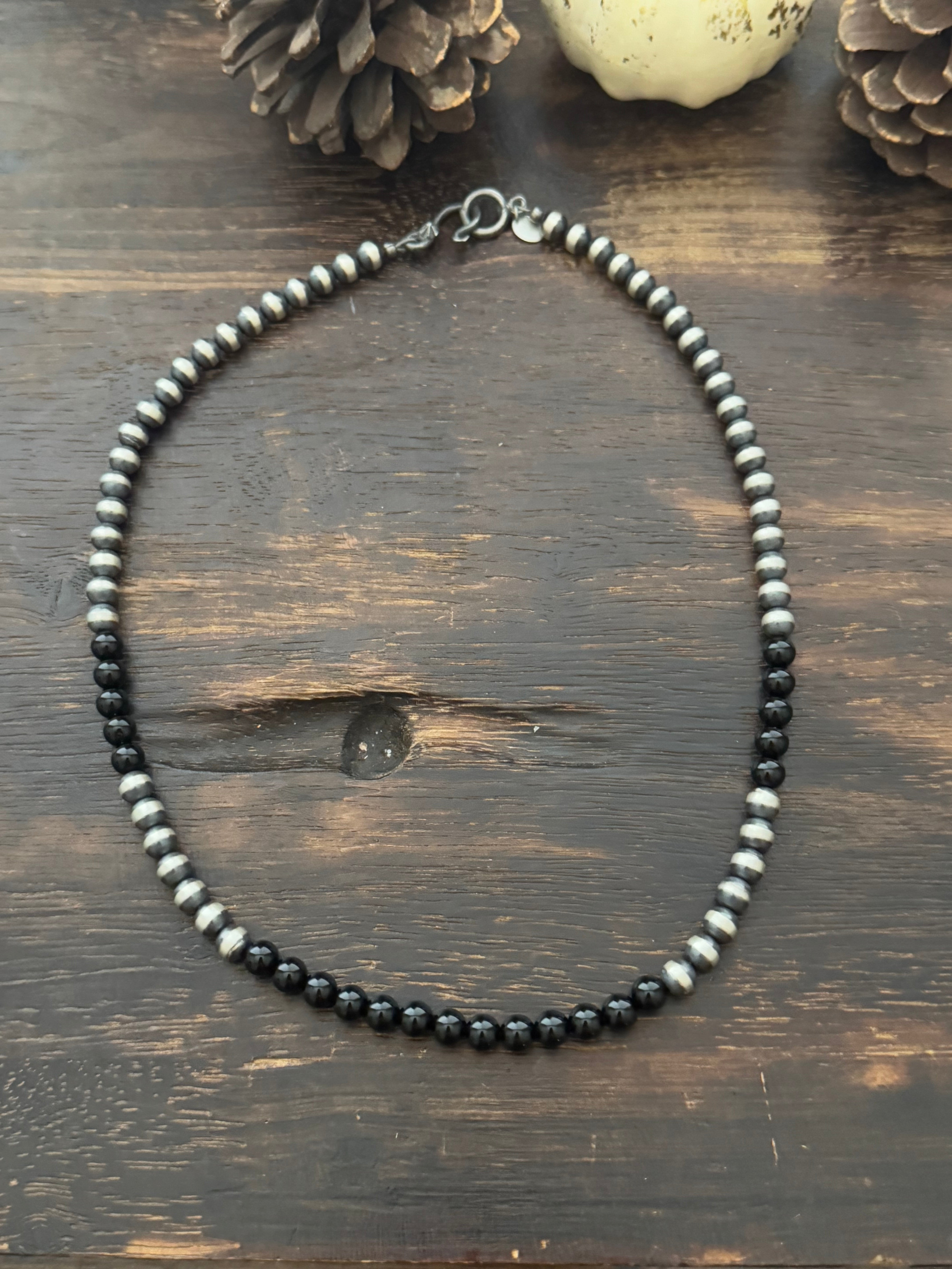 Navajo Strung Onyx & Sterling Silver Pearls Beaded Necklace