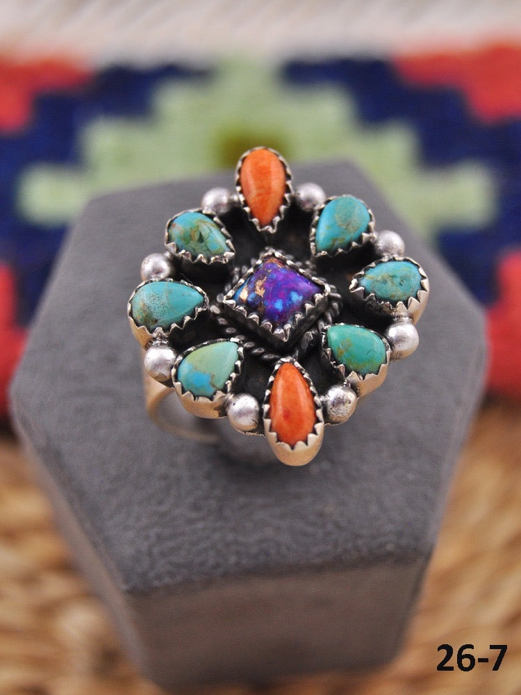 Southwest Made Multi Stone & Sterling Sliver Cluster Adjustable Ring