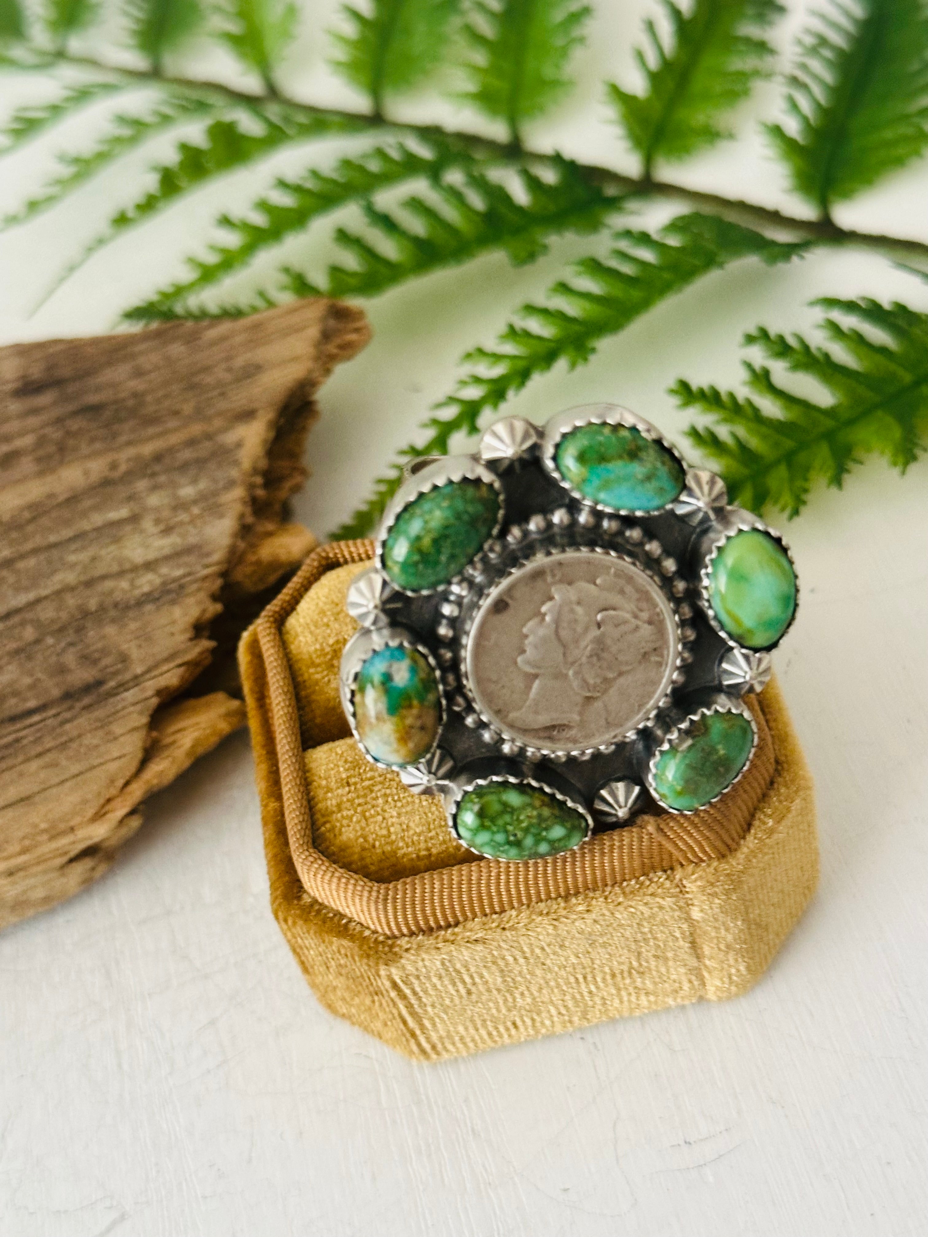 Navajo Made Sonoran Gold Turquoise & Sterling Silver Adjustable Ring