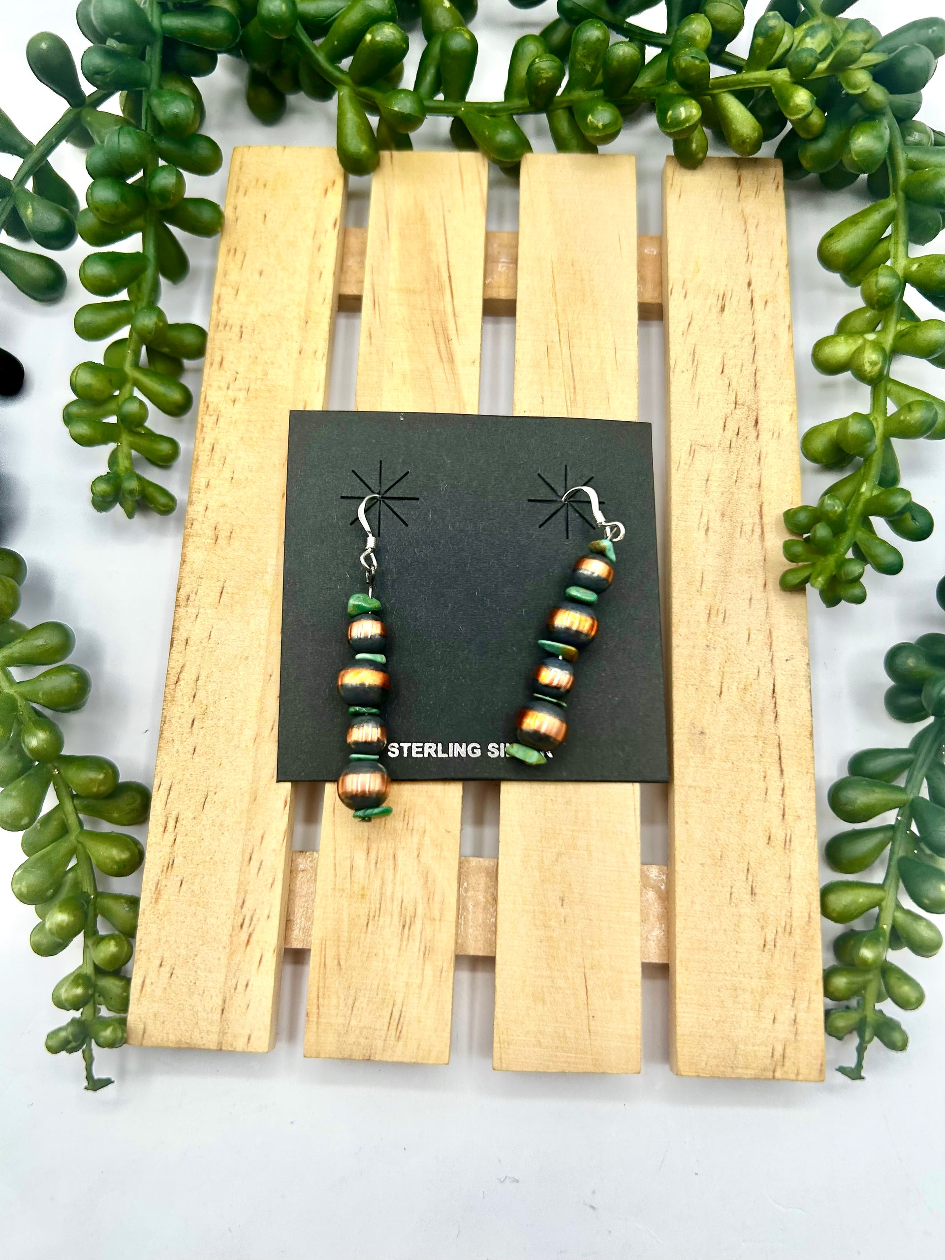 Navajo Made Strung Kingman Turquoise & Copper Hook Earrings