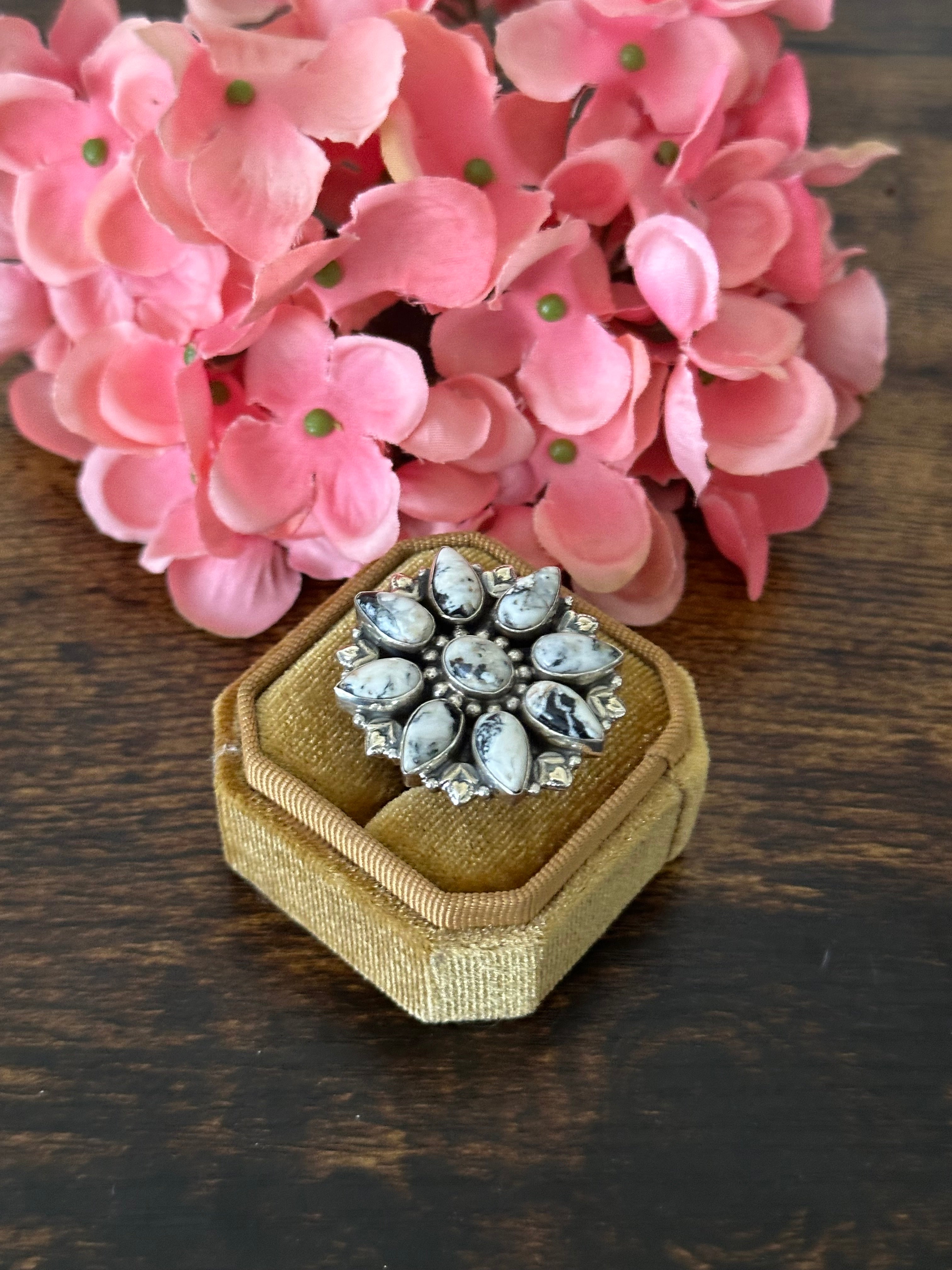 Southwest Handmade White Buffalo & Sterling Silver Cluster Adjustable Ring