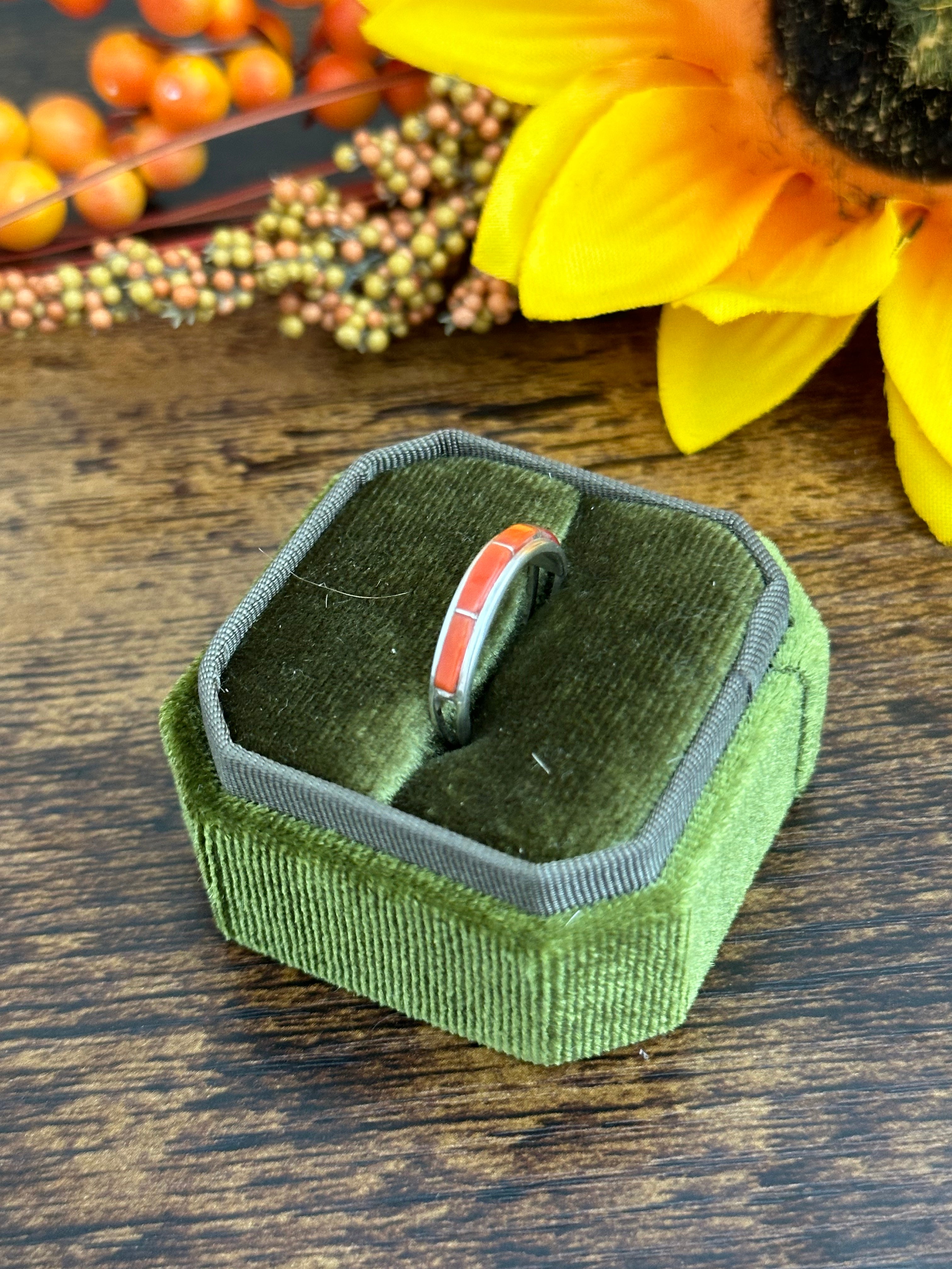 Navajo Made Red Coral & Sterling Silver Ring