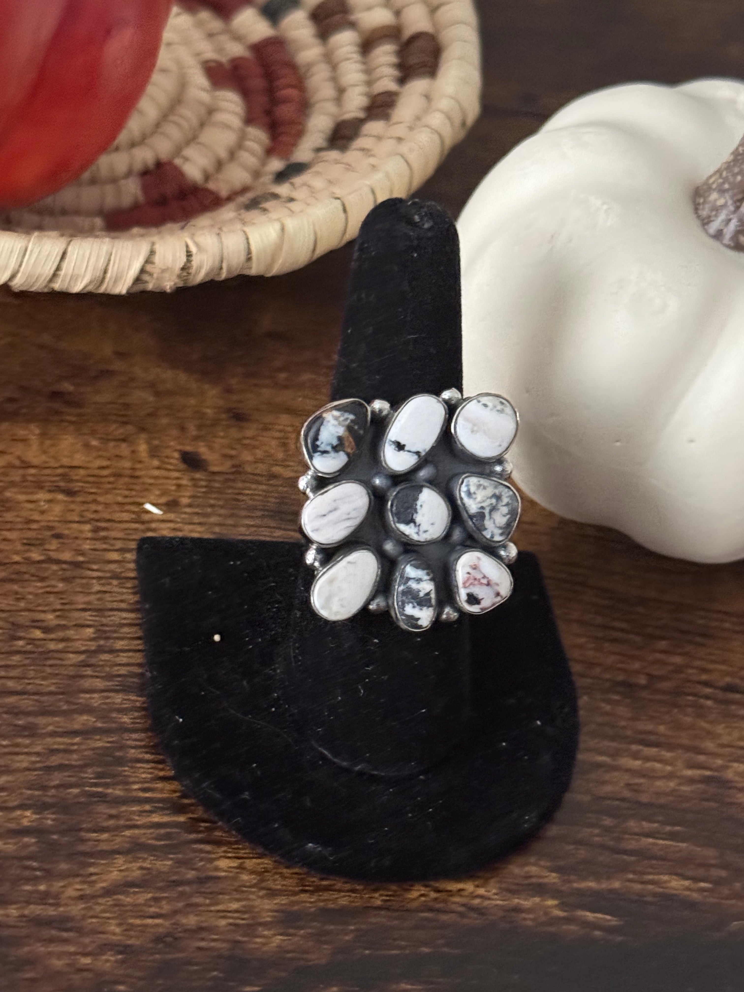 Southwest Handmade White Buffalo & Sterling Silver Adjustable Cluster Ring