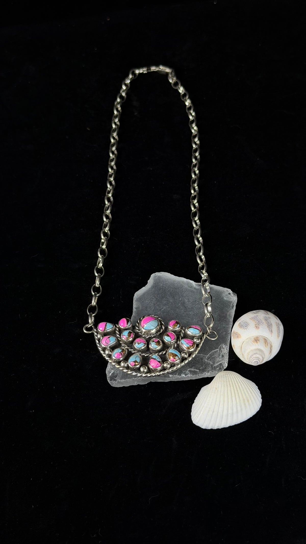 Navajo Made Cotton Candy Dahlia & Sterling Silver Cluster Necklace