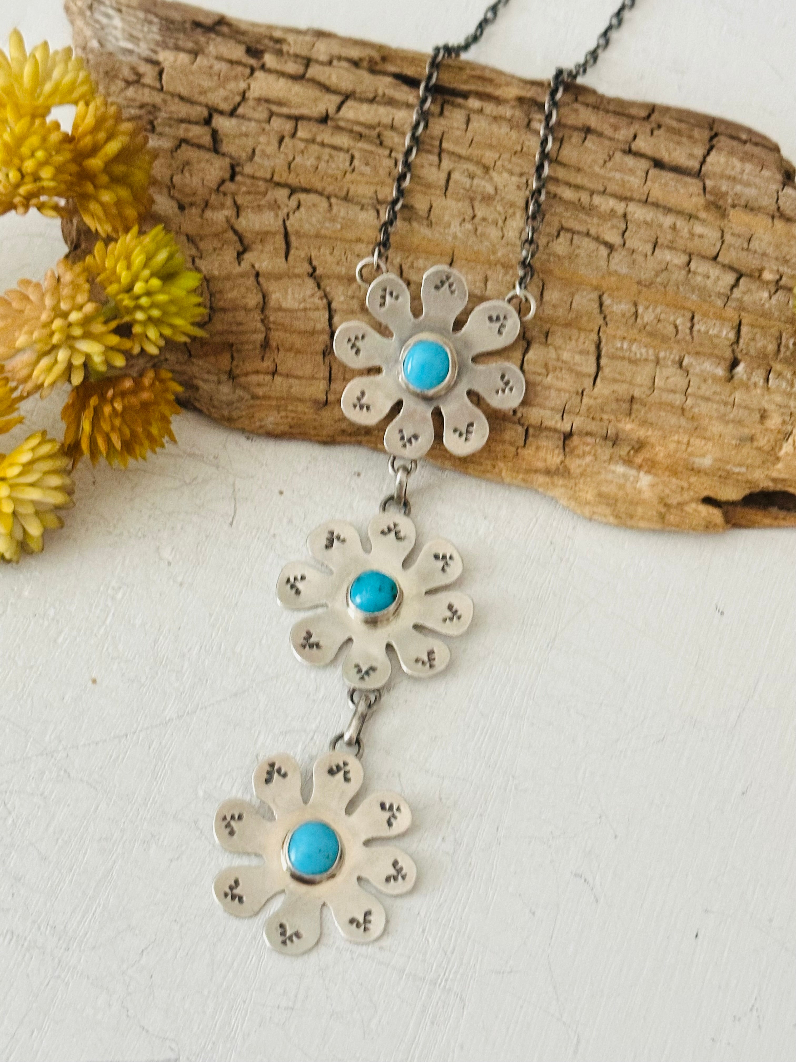 Navajo Made Kingman Turquoise & Sterling Silver Flower Necklace