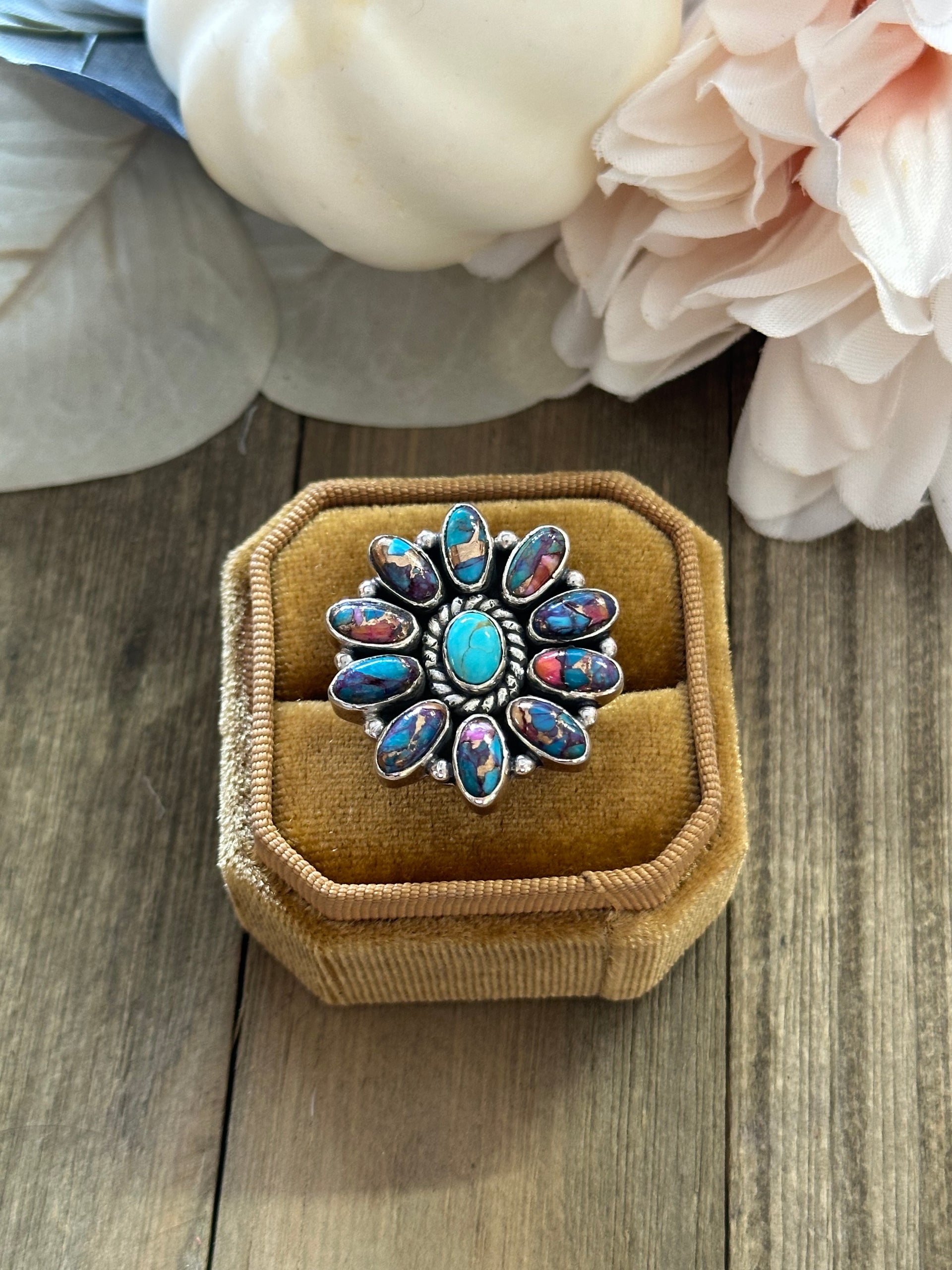 Southwest Handmade Mohave Turquoise & Sterling Silver Adjustable Cluster Ring