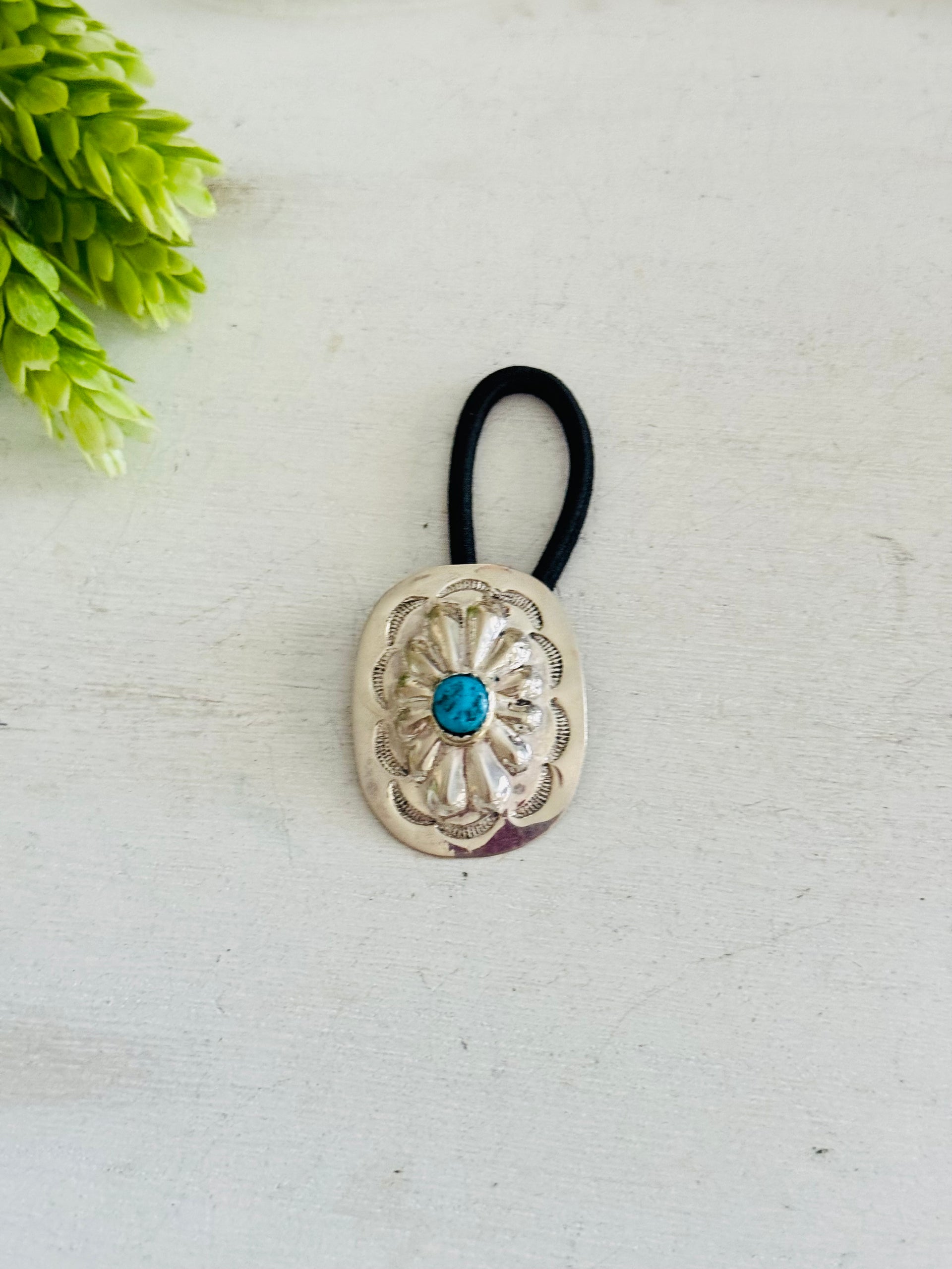 Navajo Made Kingman Turquoise & Sterling Silver Concho Ponytail Holder