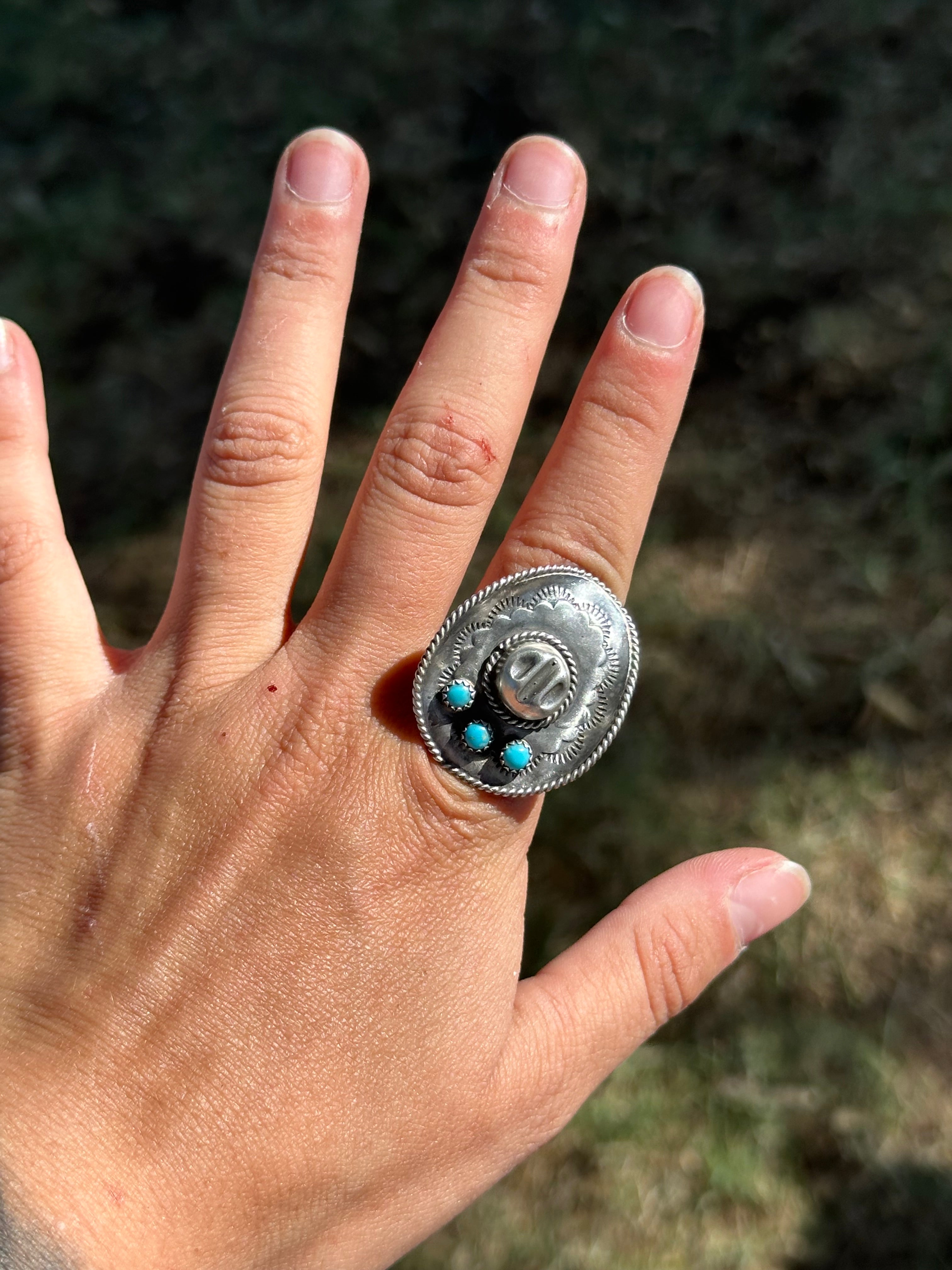 Navajo Made Kingman Turquoise & Sterling Silver Cowboy Hat Ring