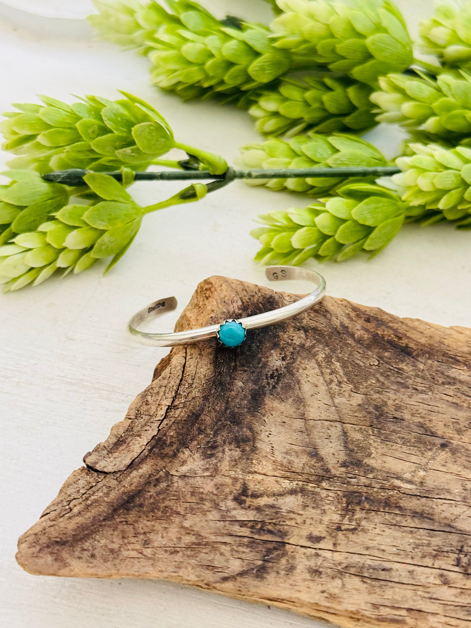 Navajo Made Kingman Turquoise & Sterling Silver Baby Cuff Bracelet