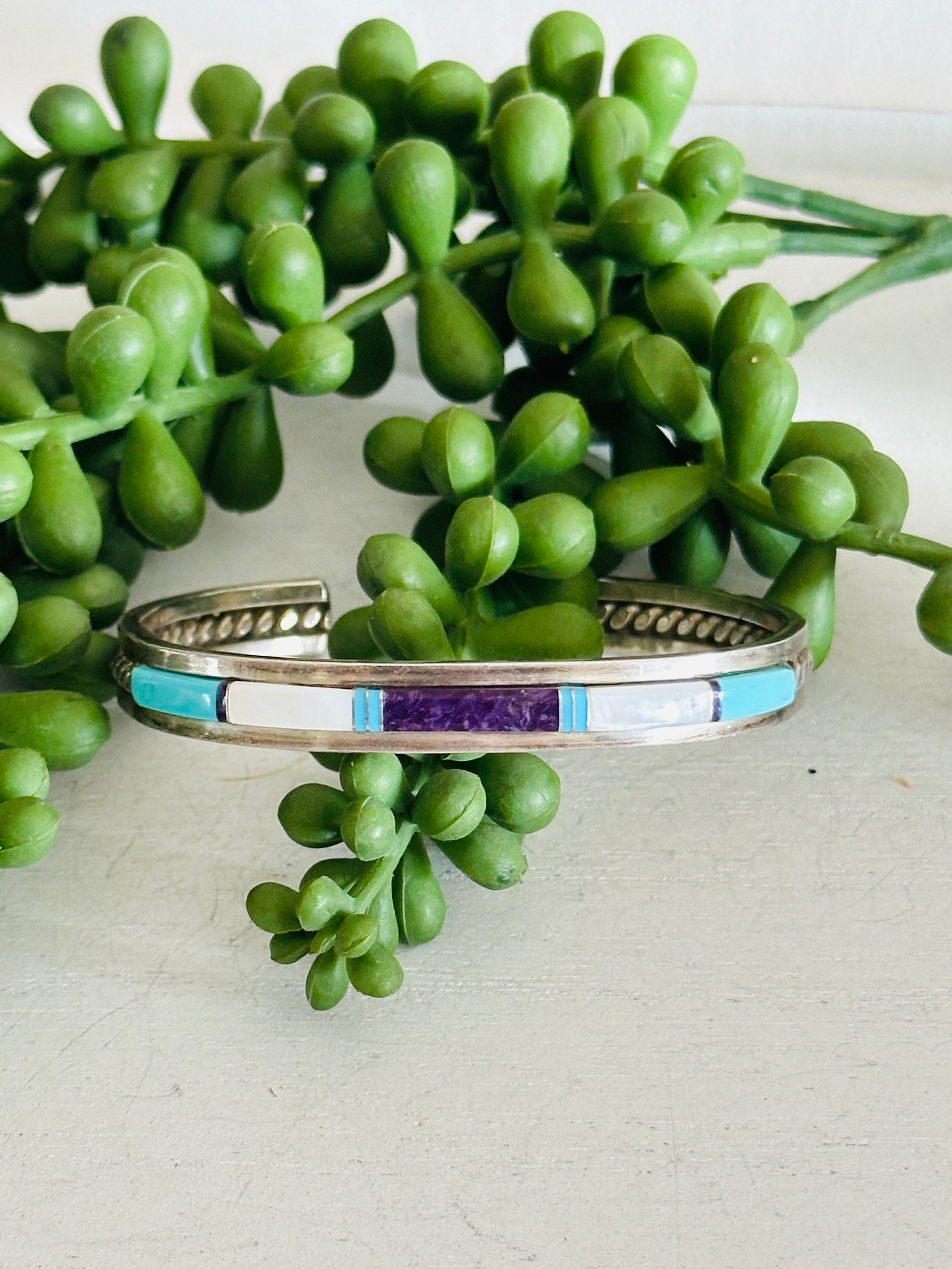 Navajo Made Multi Stone & Sterling Silver Inlay Cuff Bracelet