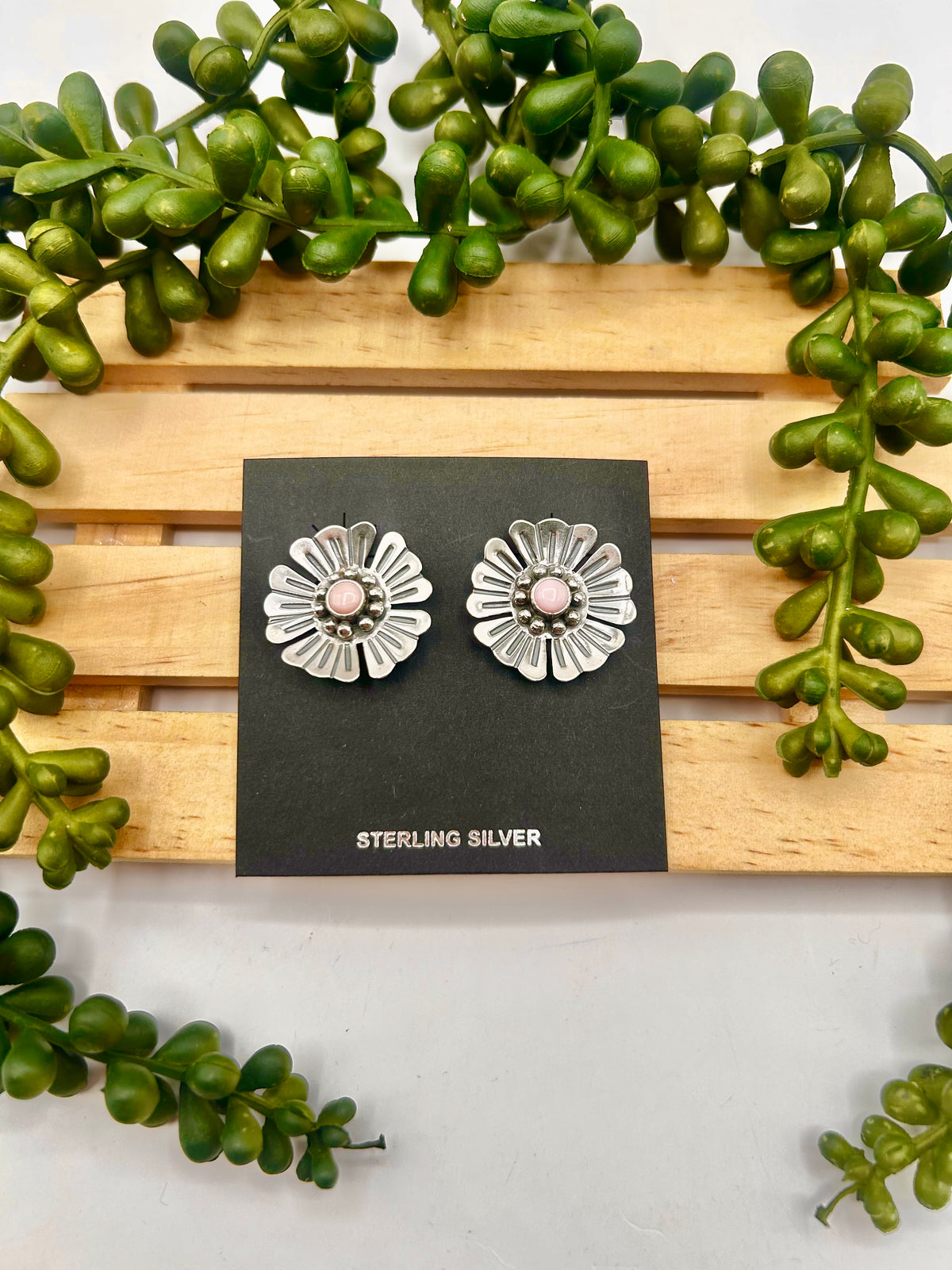 Navajo Made Pink Conch & Sterling Silver Post Flower Earrings