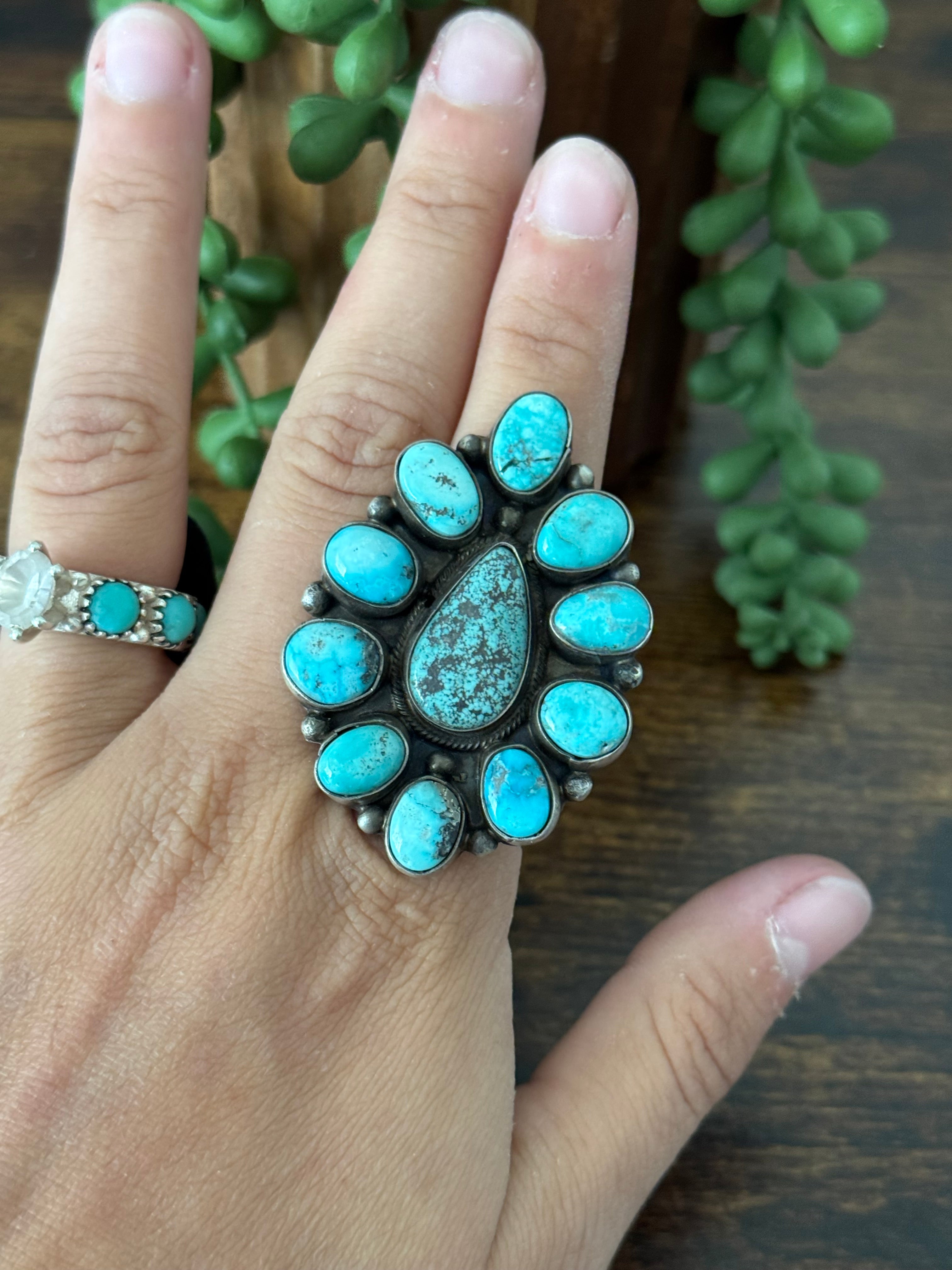 Sheila Becenti White Water Turquoise & Sterling Silver Cluster Ring Size 8.5