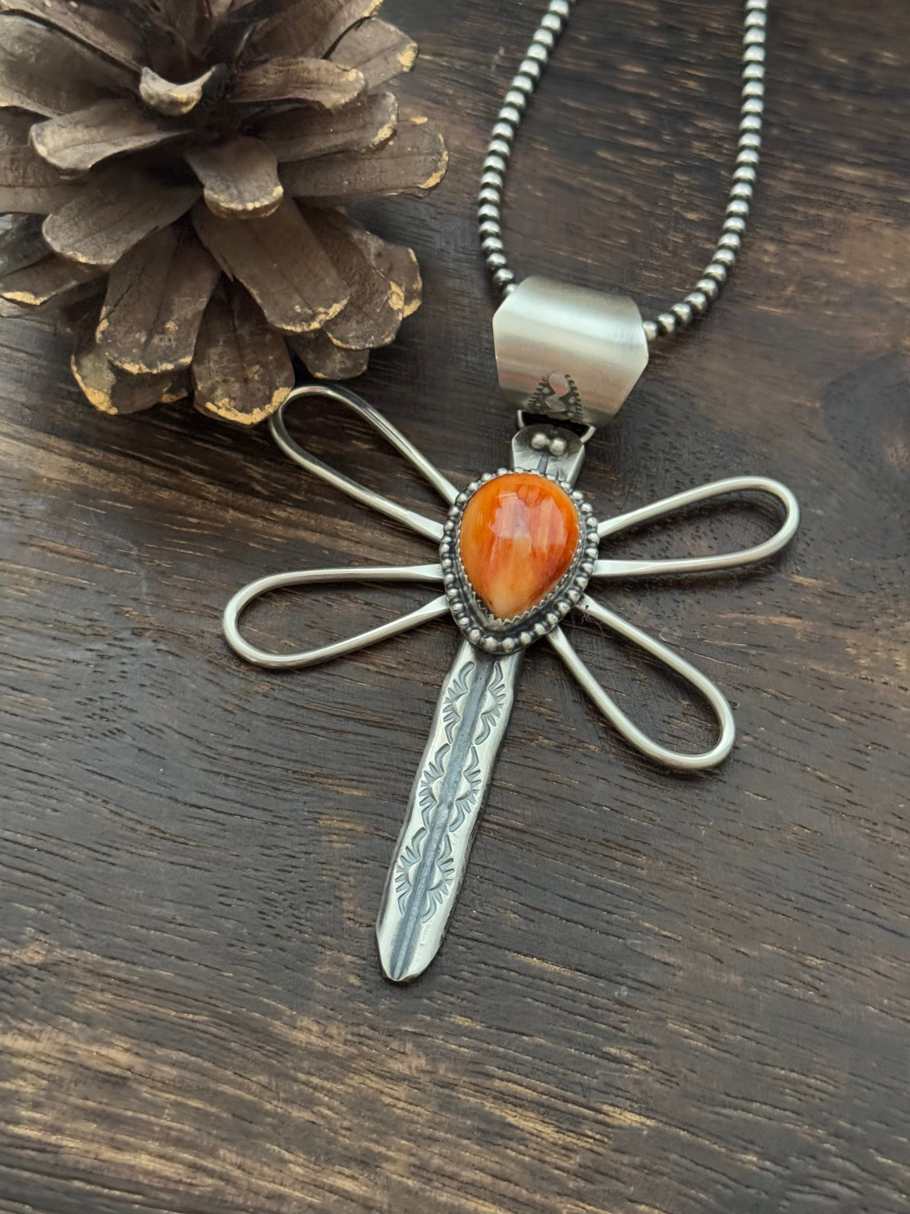 Delbert Secatero Spiny Oyster & Sterling Silver Dragonfly Pendant