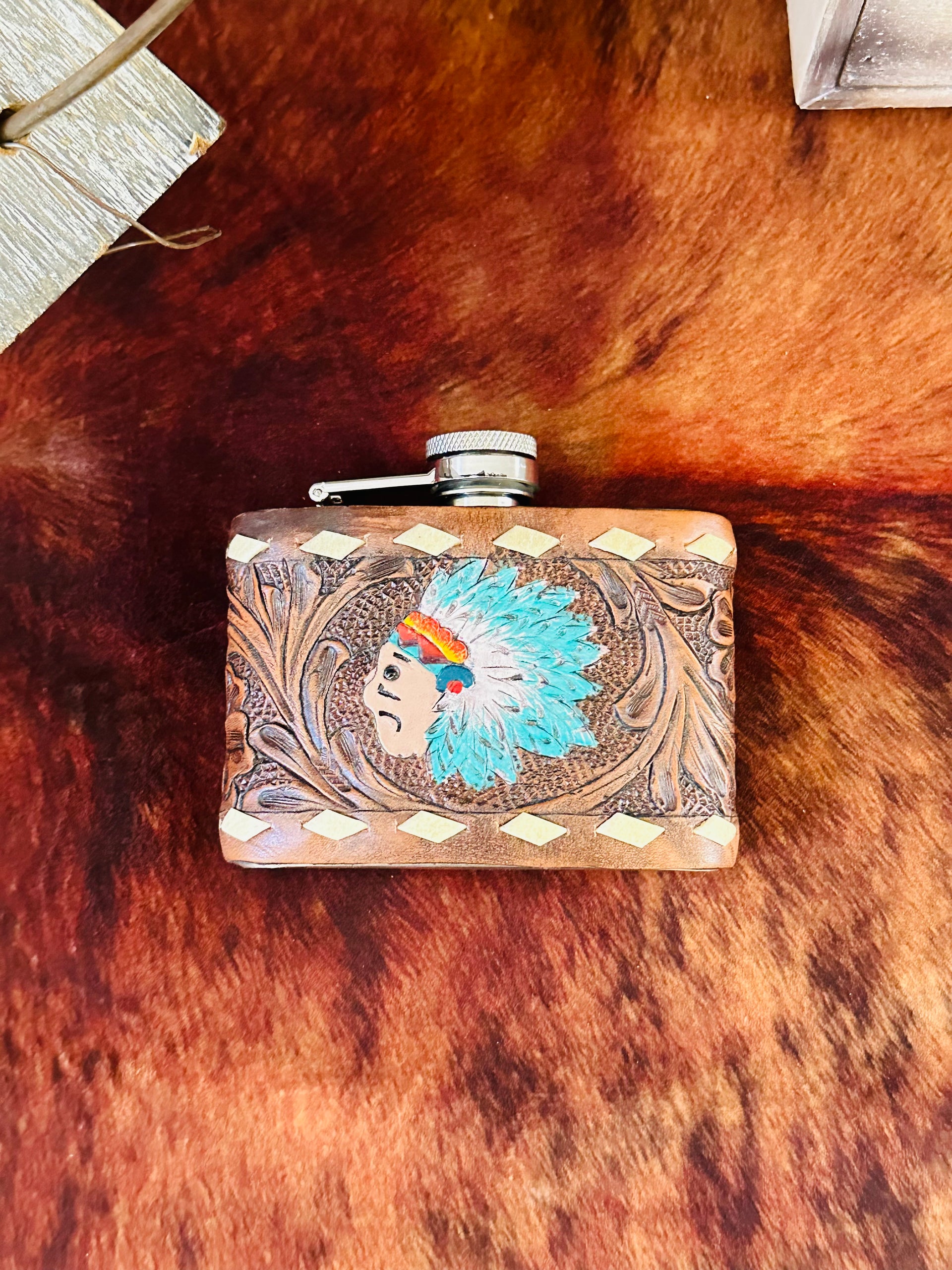 Genuine Tooled Leather 4 oz Flask