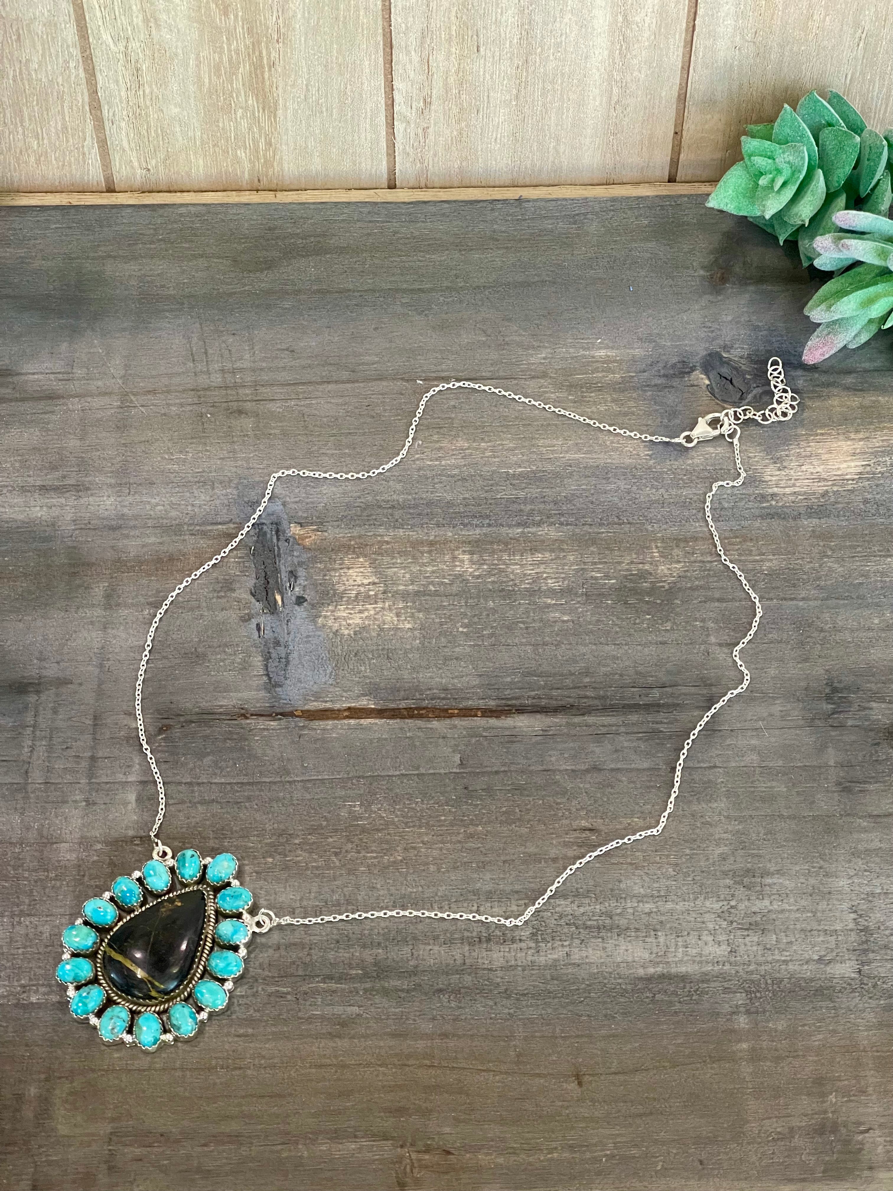 Southwest Handmade BlackJack Turquoise And Kingman Turquoise & Sterling Silver Necklace