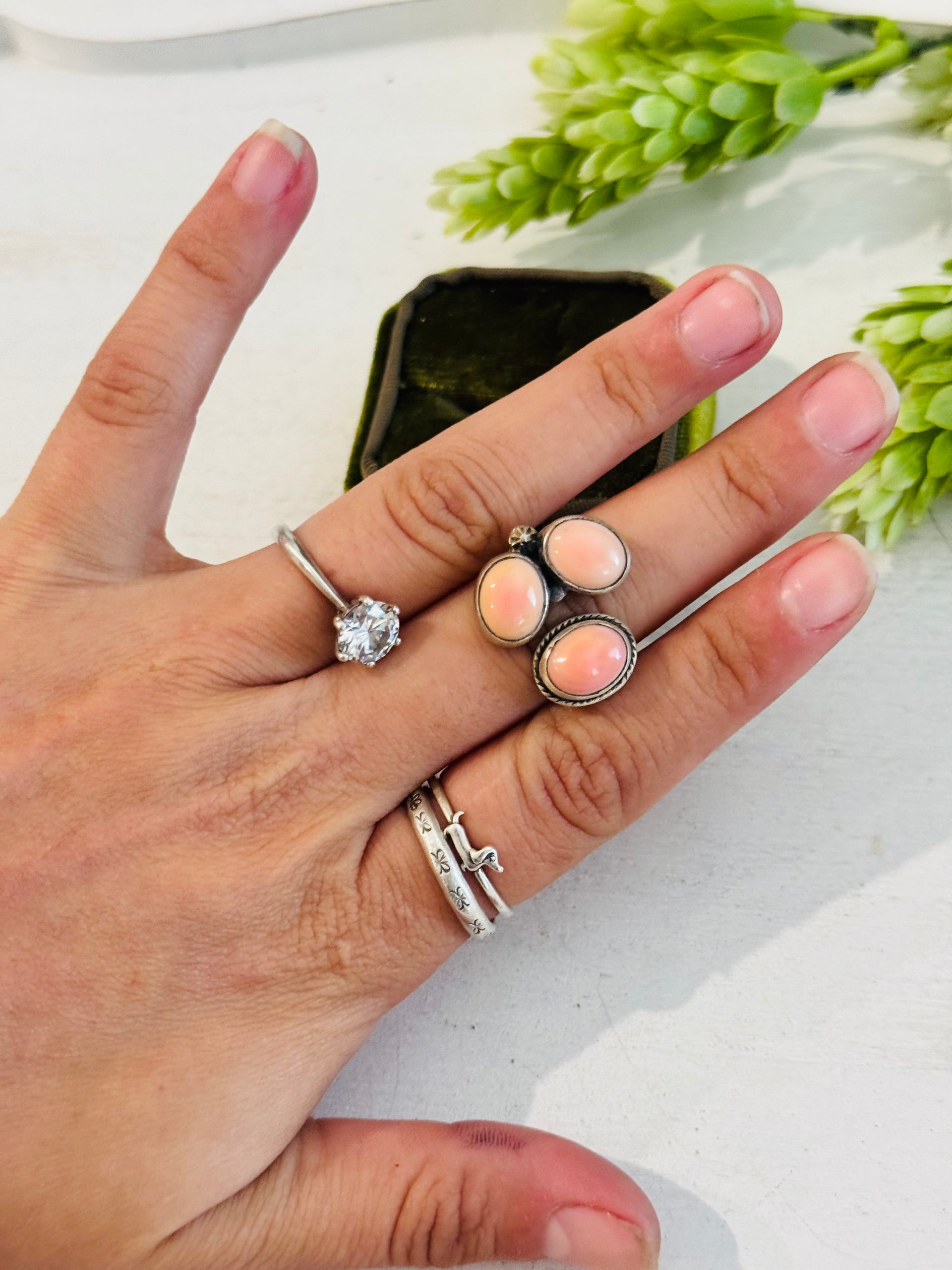 Southwest Made Pink Conch & Sterling Sliver Cluster Adjustable Ring