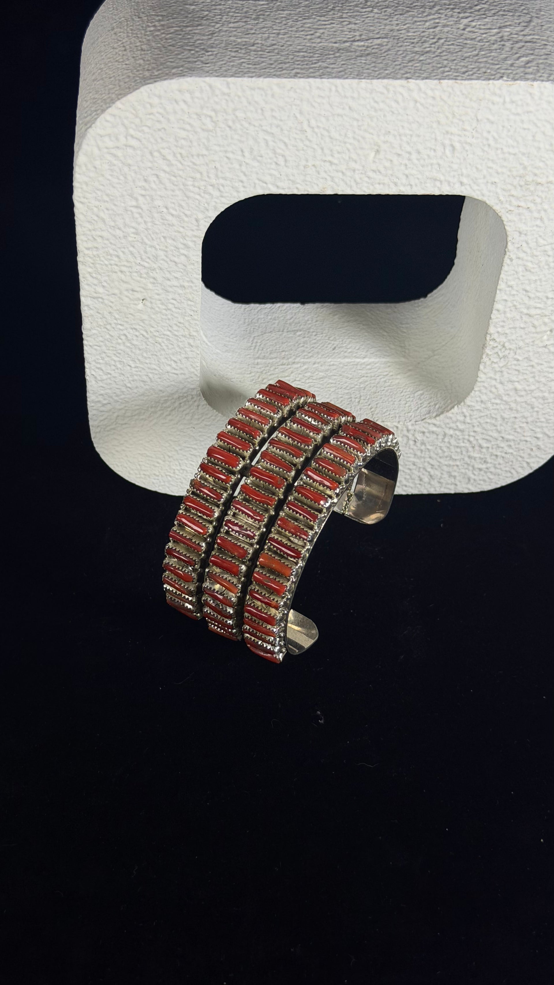 Navajo Made Mediterranean Coral & Sterling Silver Cluster Petite Cuff Bracelet