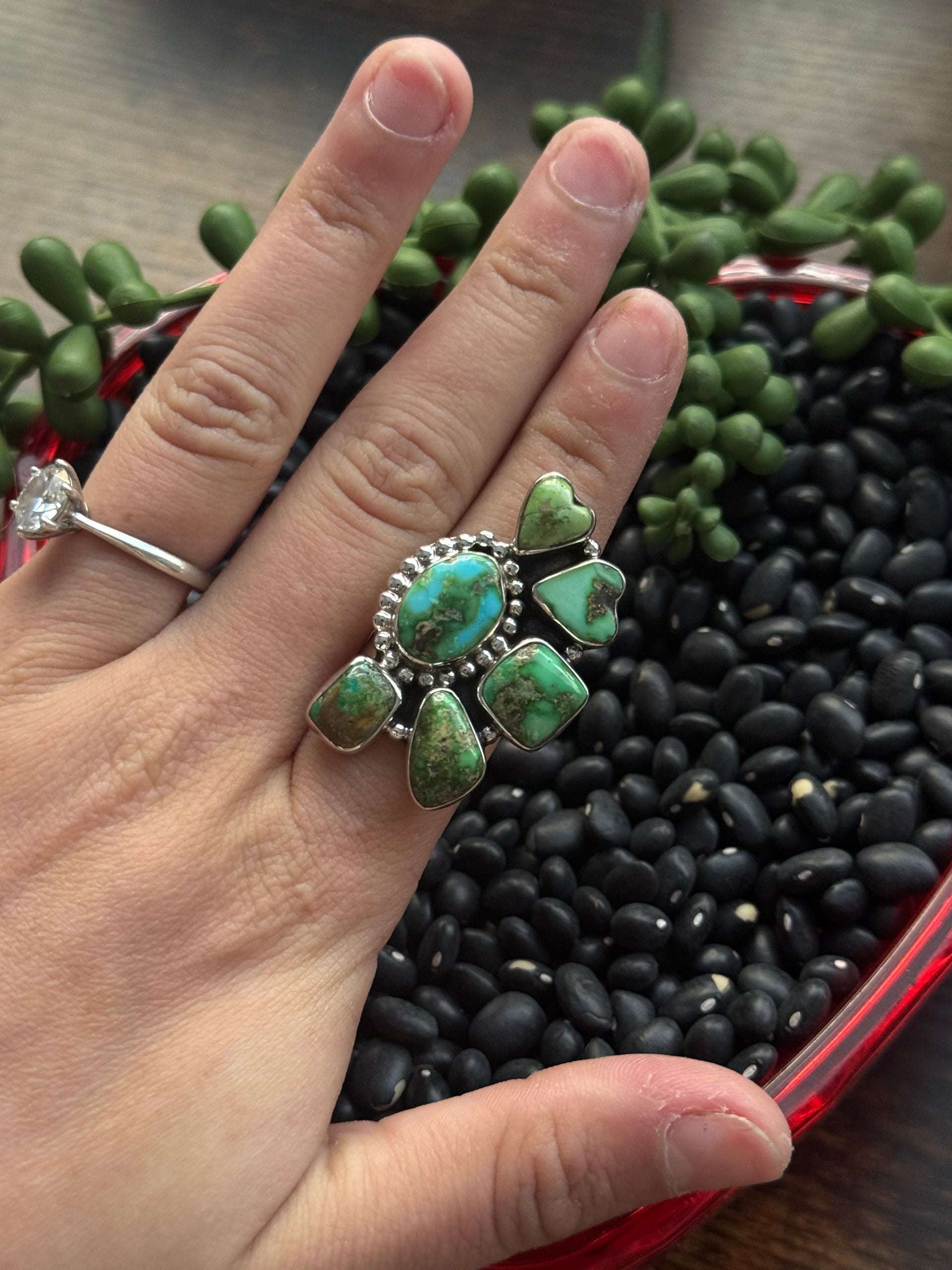 Southwest Handmade Sonoran Mountain Turquoise & Sterling Silver Adjustable Cluster Ring