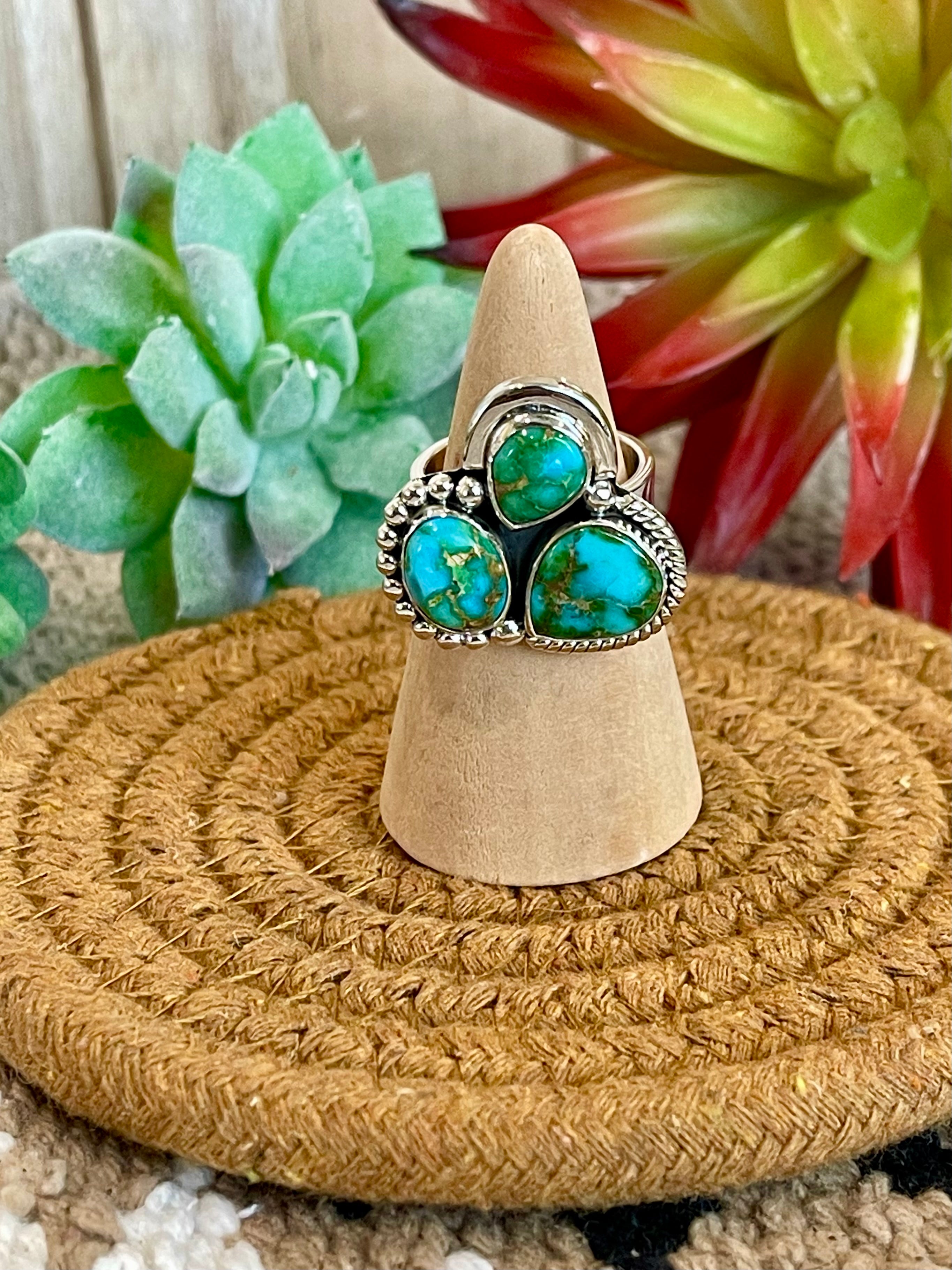 Southwest Handmade Sonoran Mountain Turquoise & Sterling Silver Adjustable 3 Stone Ring